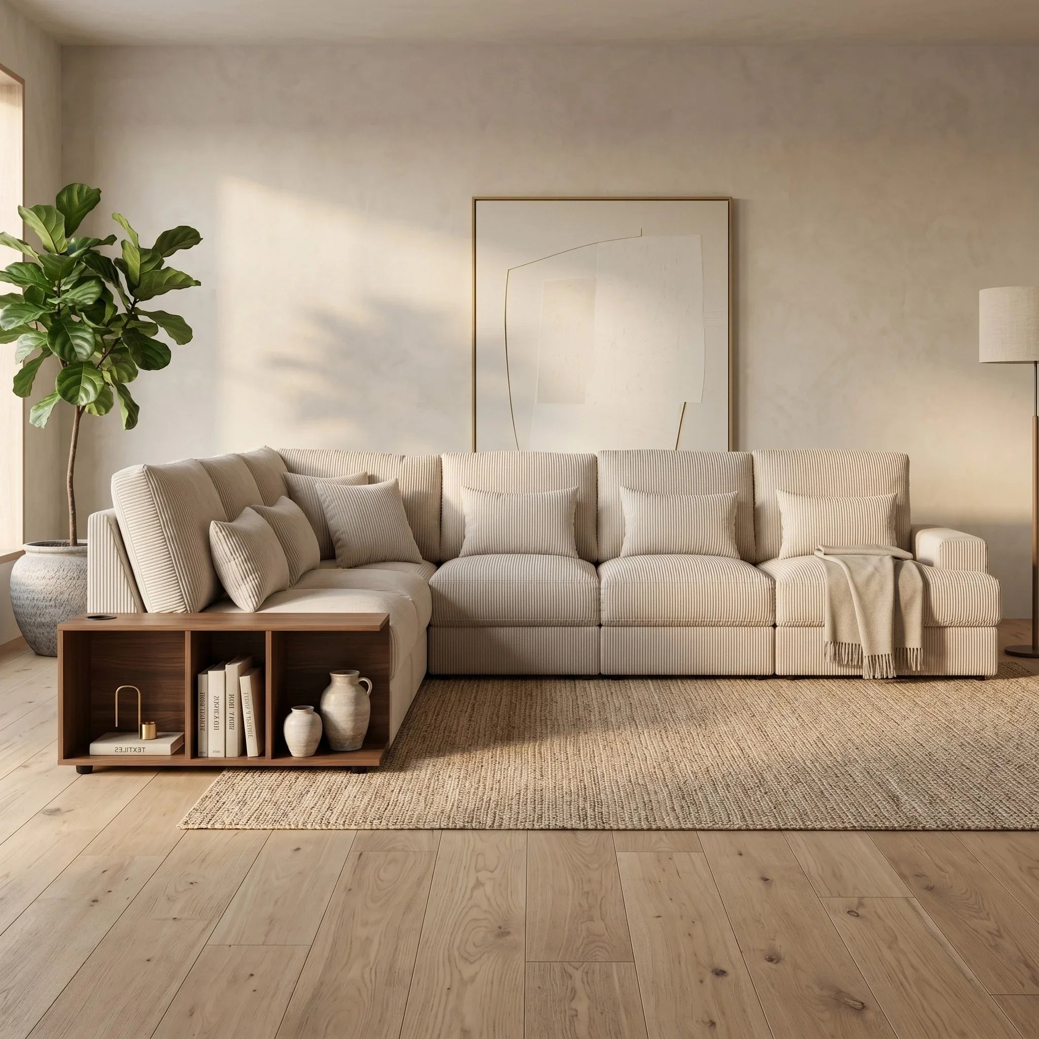 Opulence Corner Sofa in a modern neutral living room with beige upholstery, soft cushions, a wooden side shelf, light wood flooring, and decorative plants creating a cozy lounge ambiance.