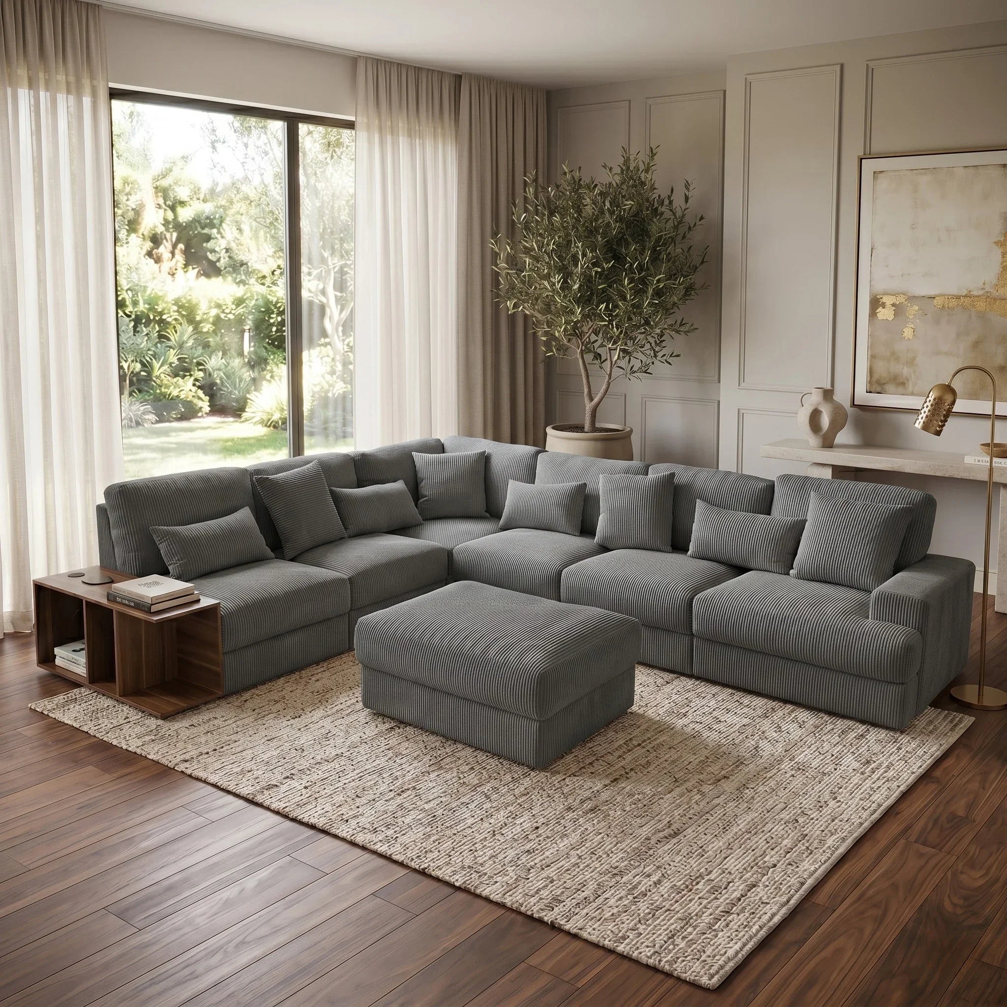 Opulence Corner Sofa in gray fabric with multiple cushions and matching ottoman, placed on a textured area rug in a bright living room with wooden flooring and decorative accents.
