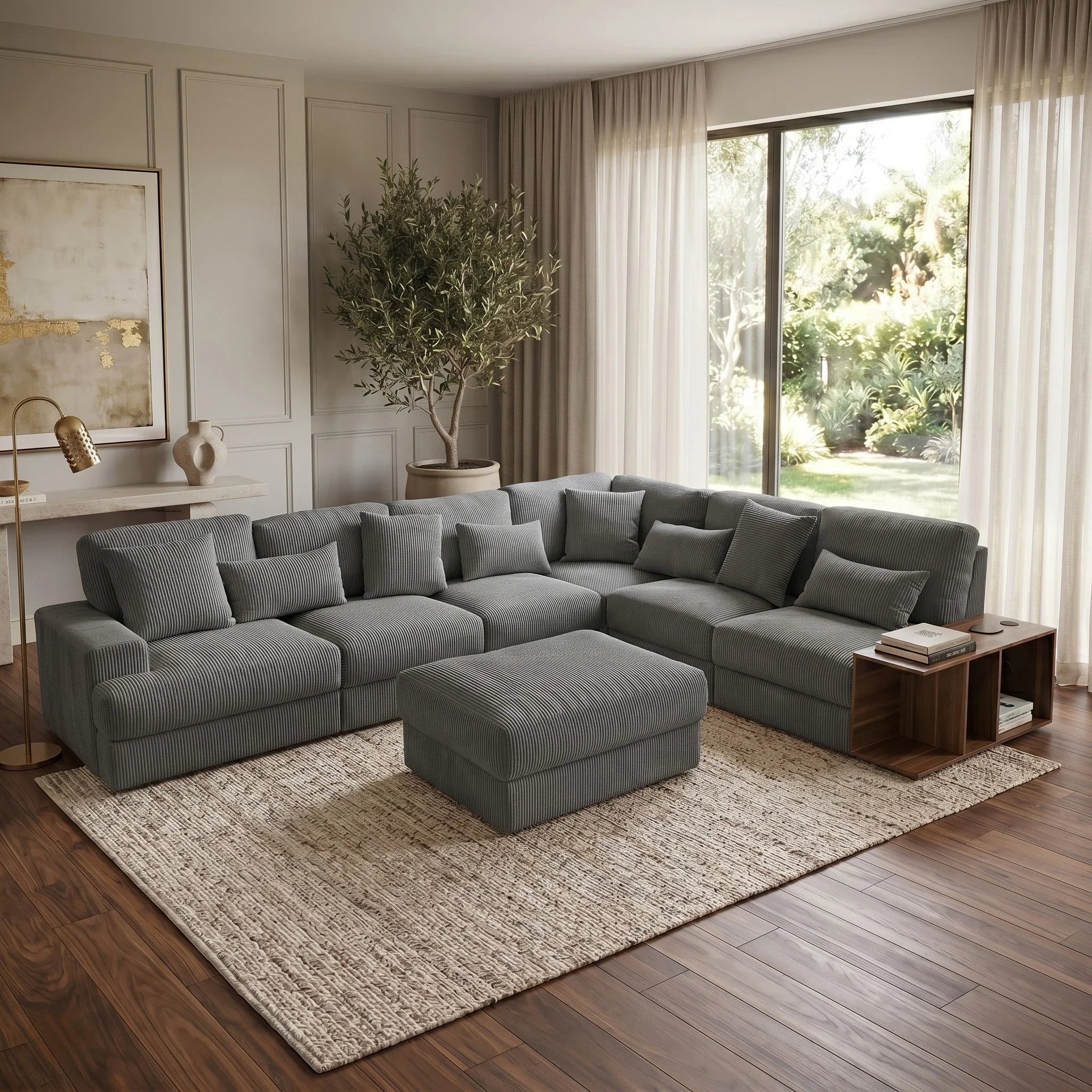 Opulence Corner Sofa in a modern living room setting, featuring soft gray fabric upholstery, plush cushions, a matching ottoman, and a wooden side table on a woven area rug.
