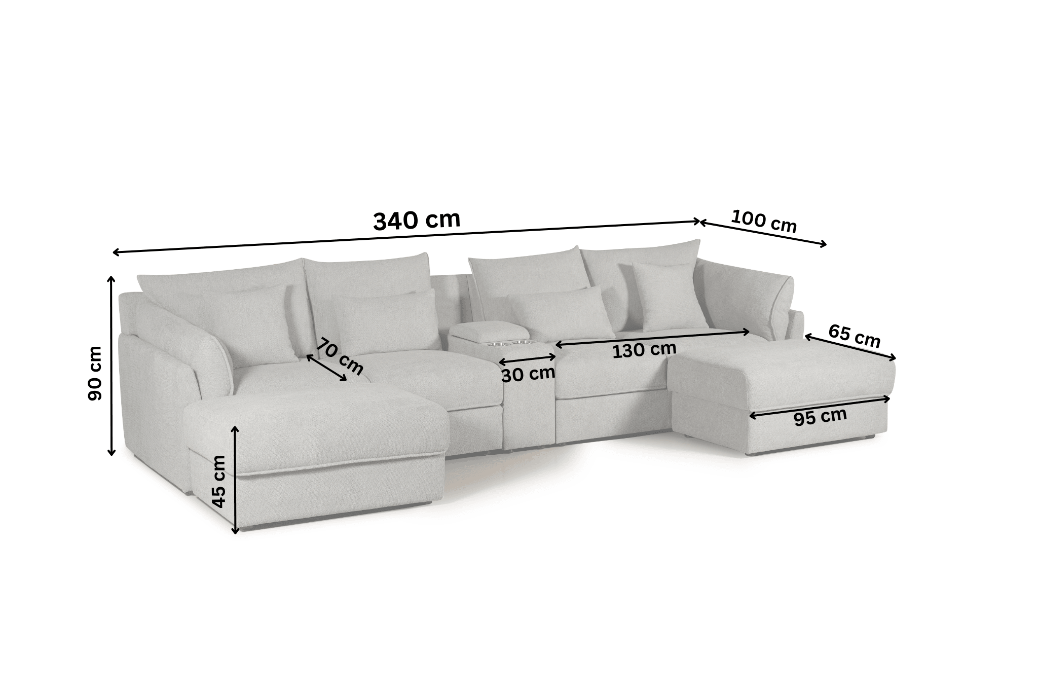 Light grey 4-seater sofa with ottoman, labeled dimensions, modern lounge furniture