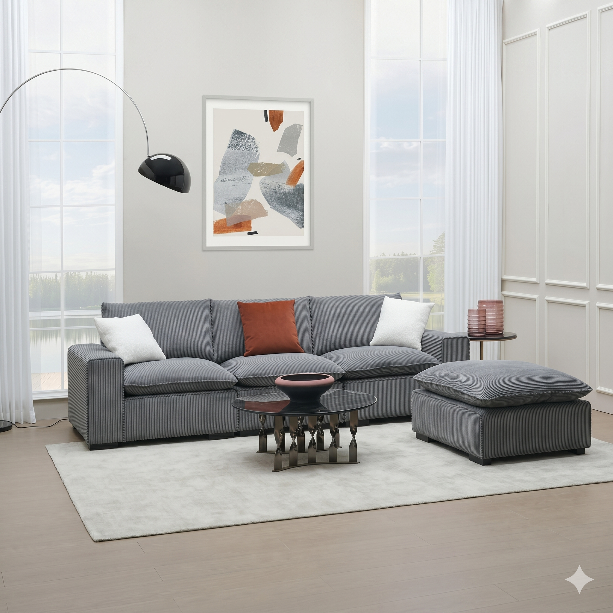 Gray sectional sofa in a modern living room with abstract art on the wall.