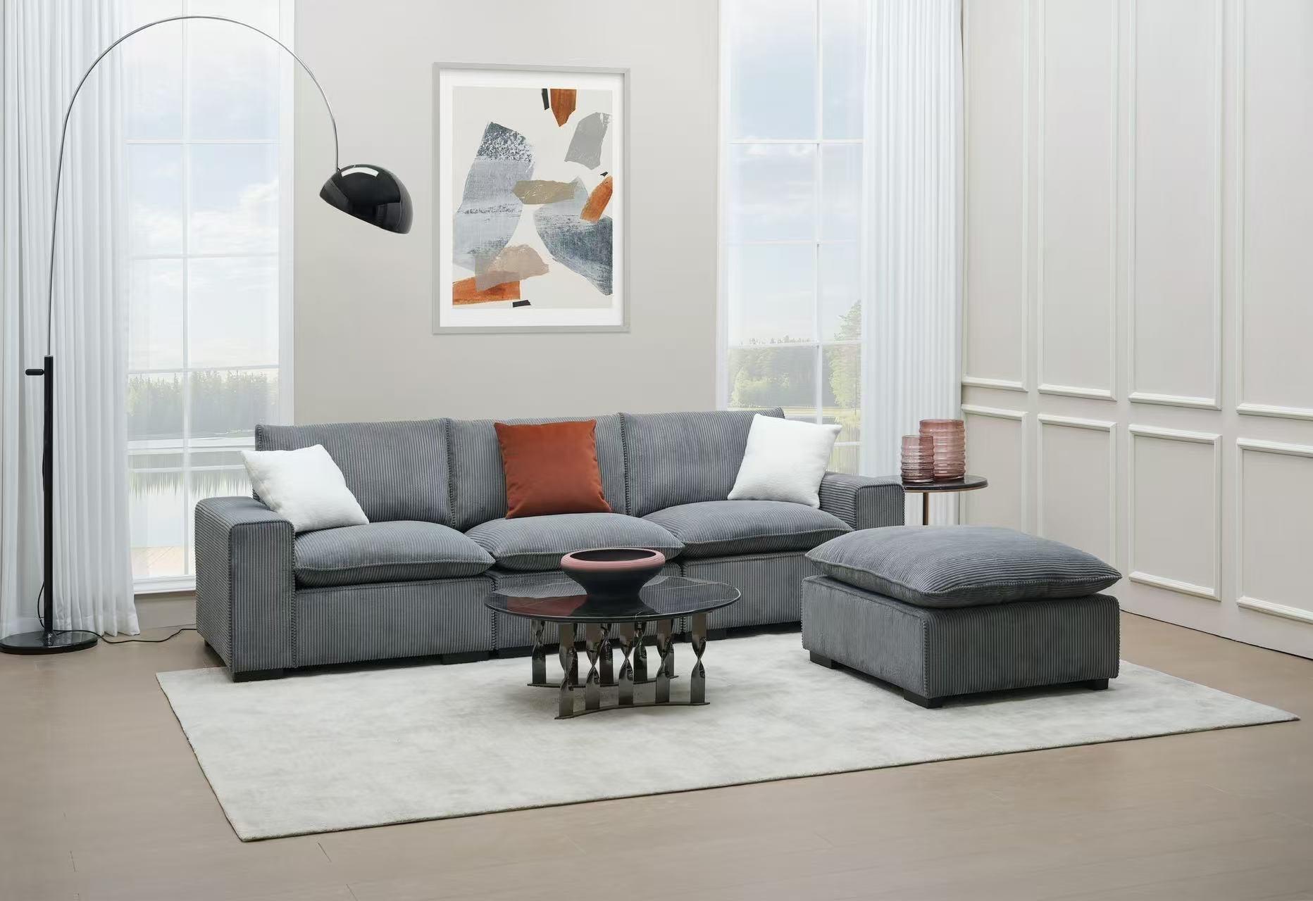 An elegant Orchid 3-Seater Sofa with Ottoman in a modern living room setting, featuring a neutral color palette with contrasting pillows, and a sturdy construction.