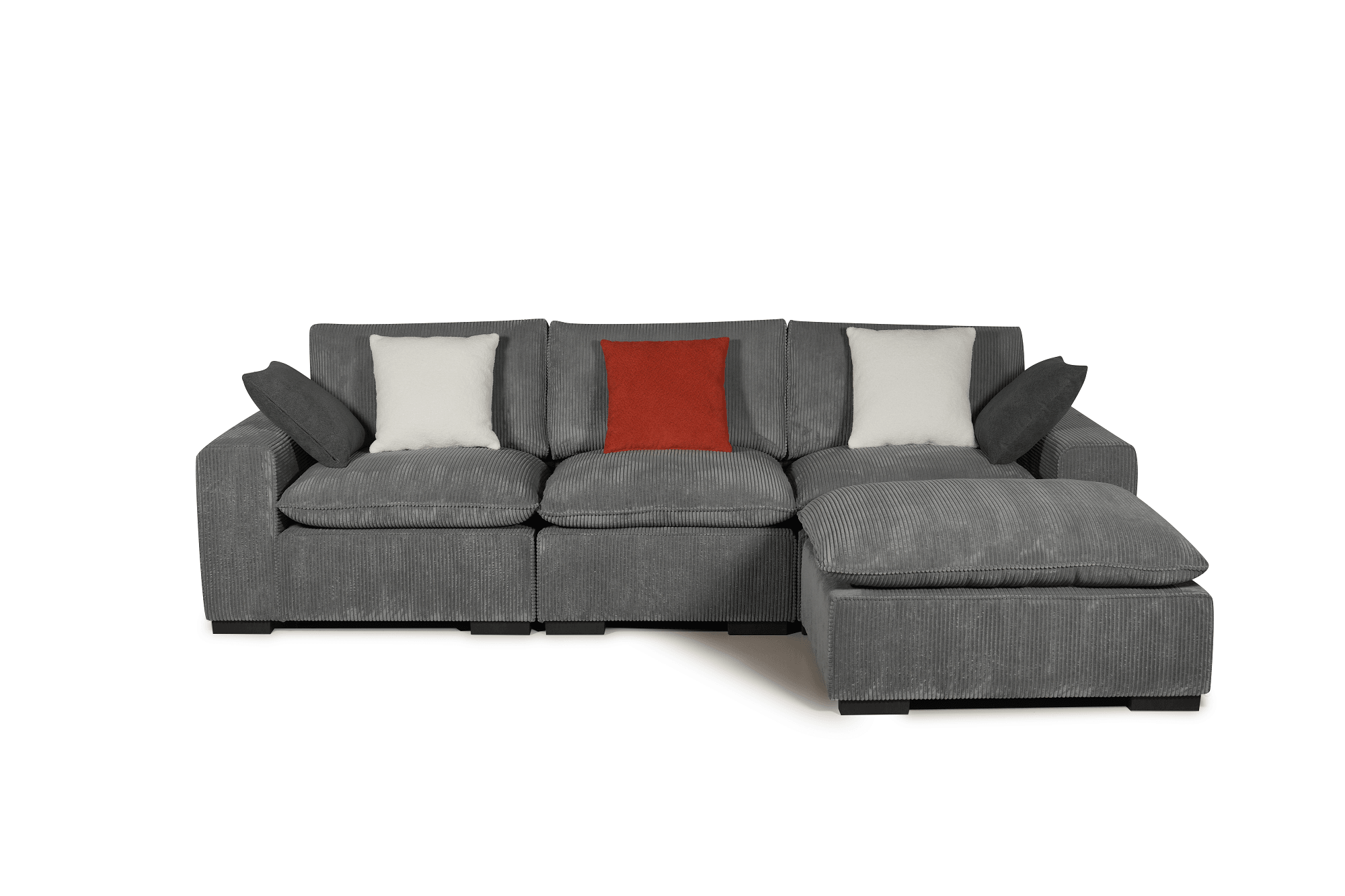 Modern grey corduroy sectional sofa with chaise and assorted cushions on white background