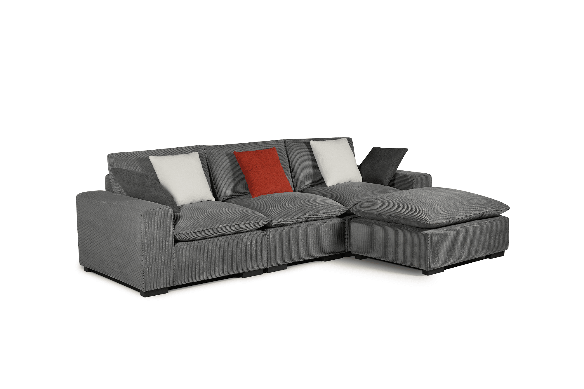 Modern grey corner sofa with chaise lounge and mixed throw pillows, isolated on white background