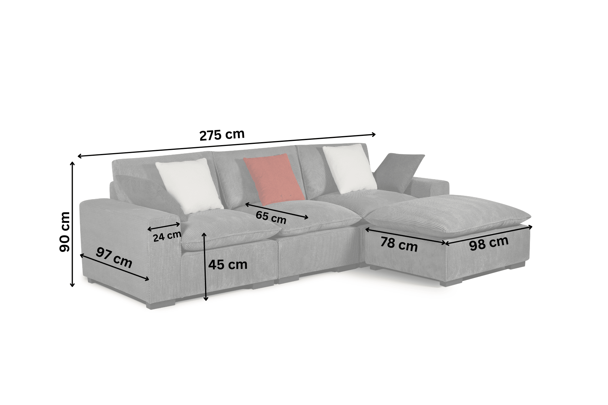 Grey 3 seater sofa with ottoman, shown with measurements in centimeters, modern lounge furniture