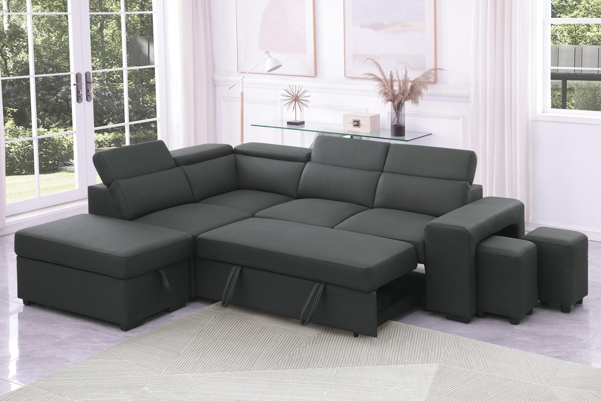 Modern black sectional sofa with adjustable headrests, ottomans, and storage in bright living room