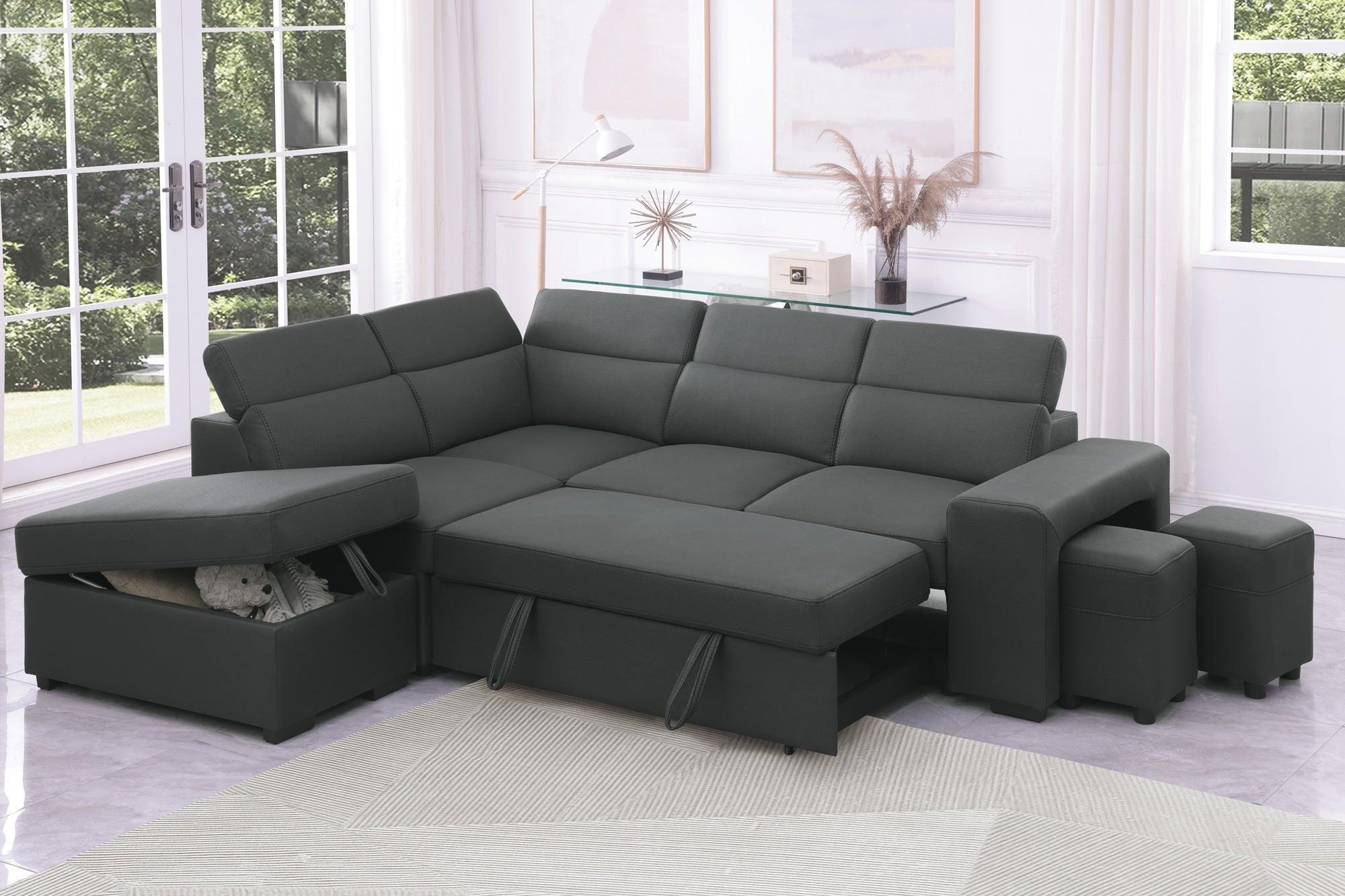 Dark grey sectional sofa bed with storage ottoman and stools in modern living room