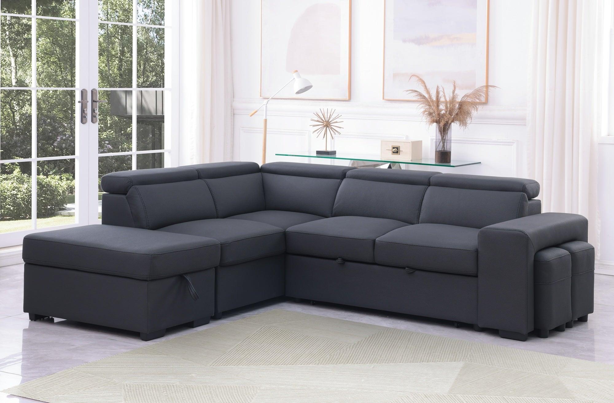 Modern black corner sectional sofa with chaise lounge and ottomans in bright living room