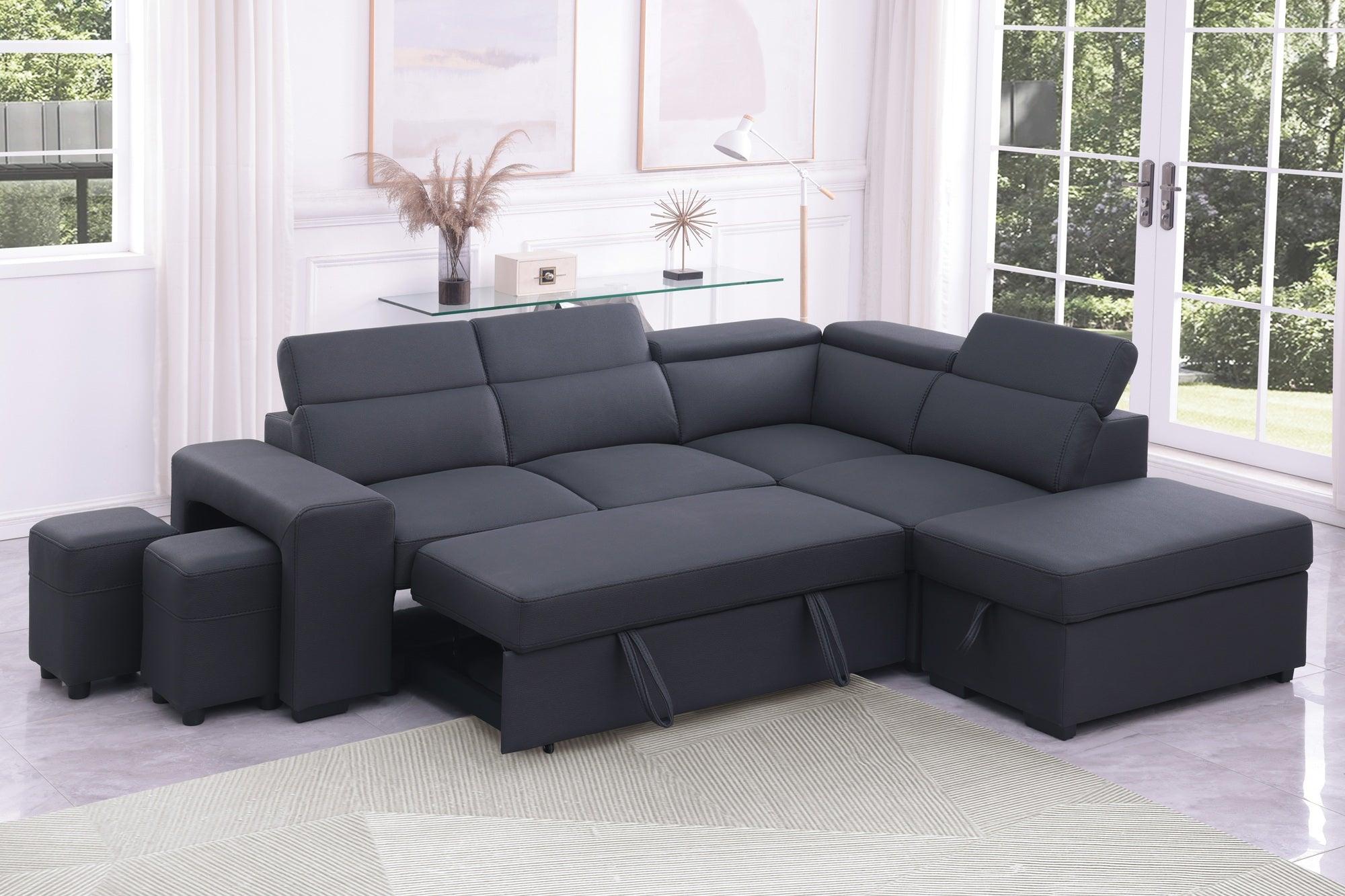 Modern dark grey sectional sofa bed with ottoman and storage in bright living room