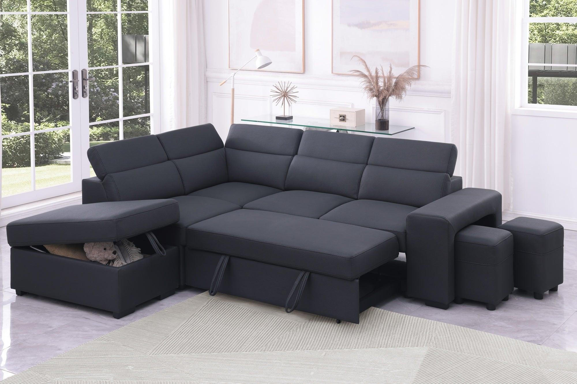 Dark grey modular sectional sofa bed with storage chaise and ottomans in modern living room