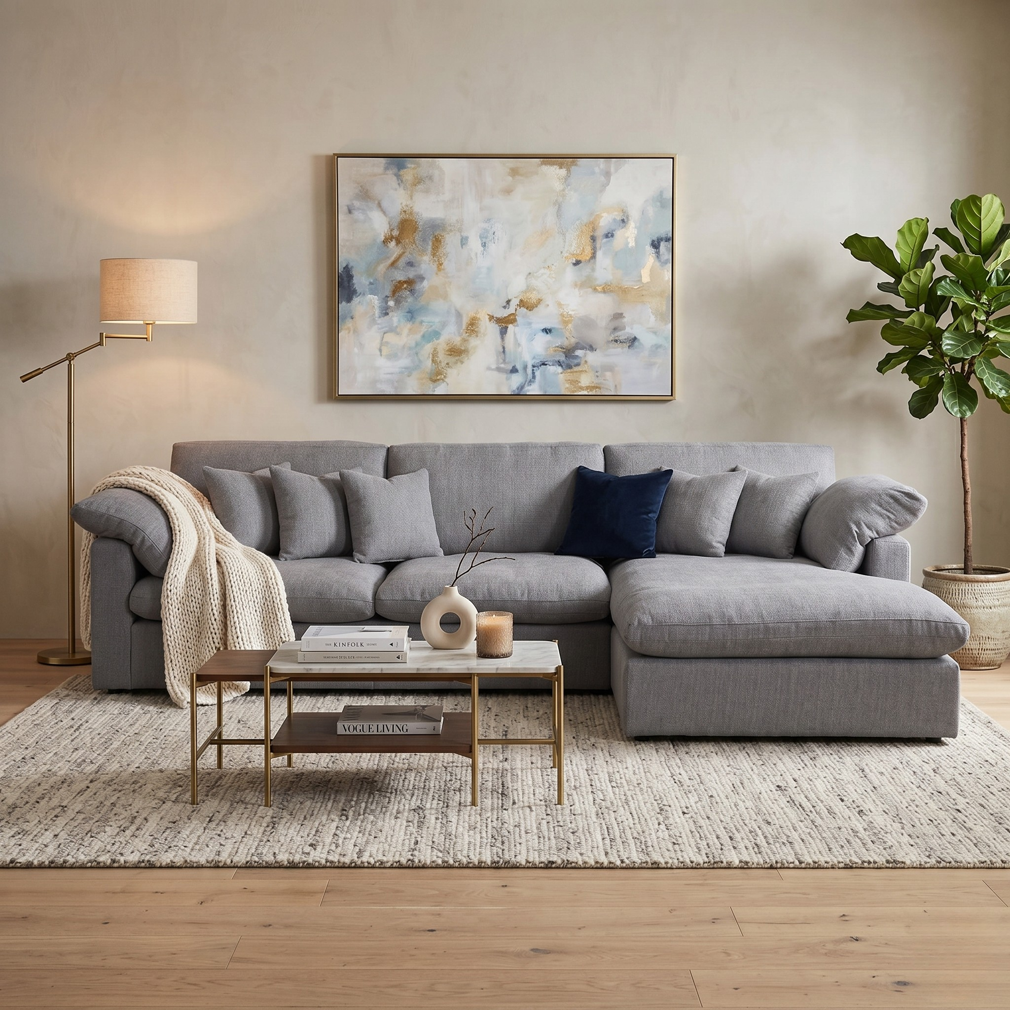 Gray sectional sofa in a living room with abstract art, coffee table, and decor.