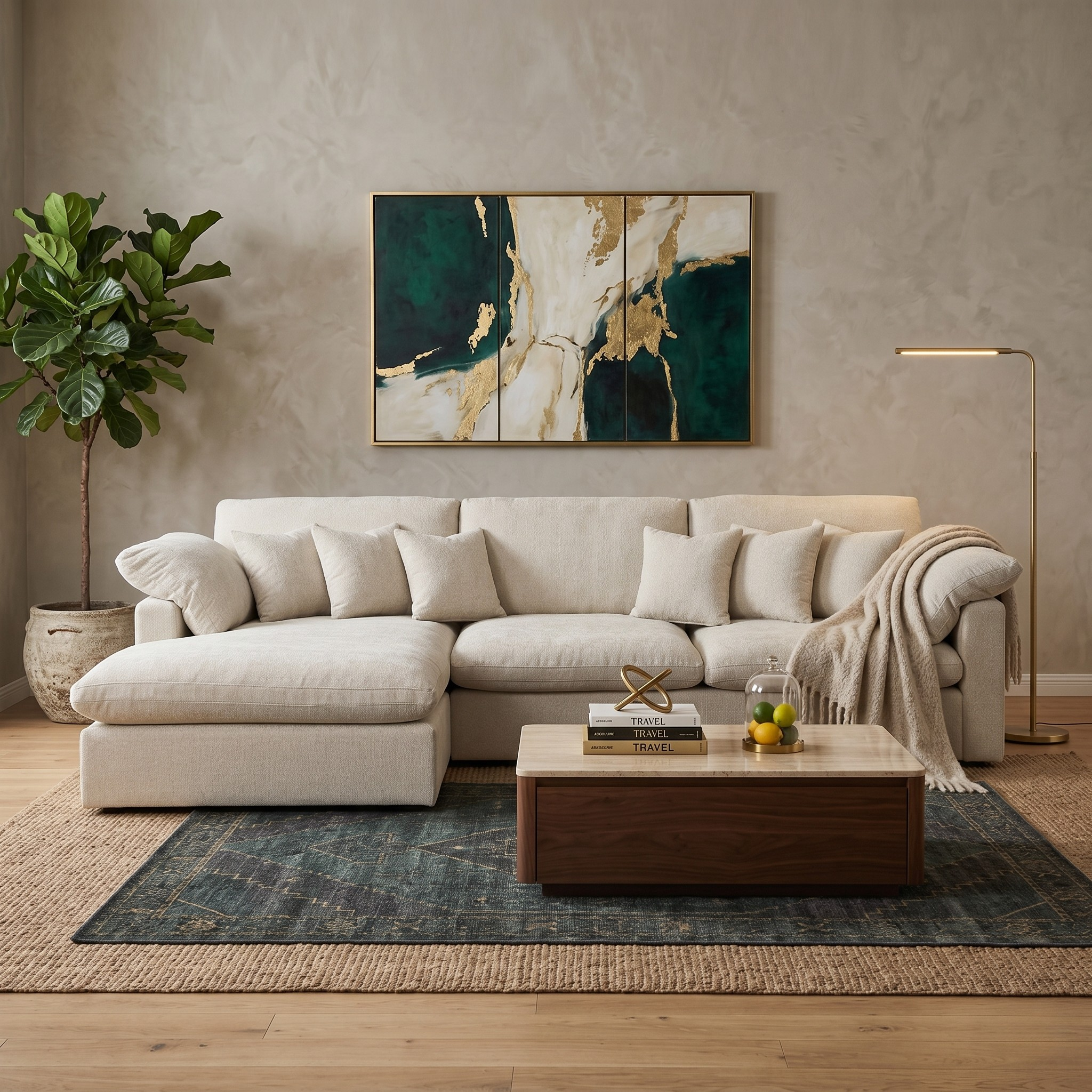 Modern living room with a beige sectional sofa, wooden coffee table, and abstract painting on the wall.