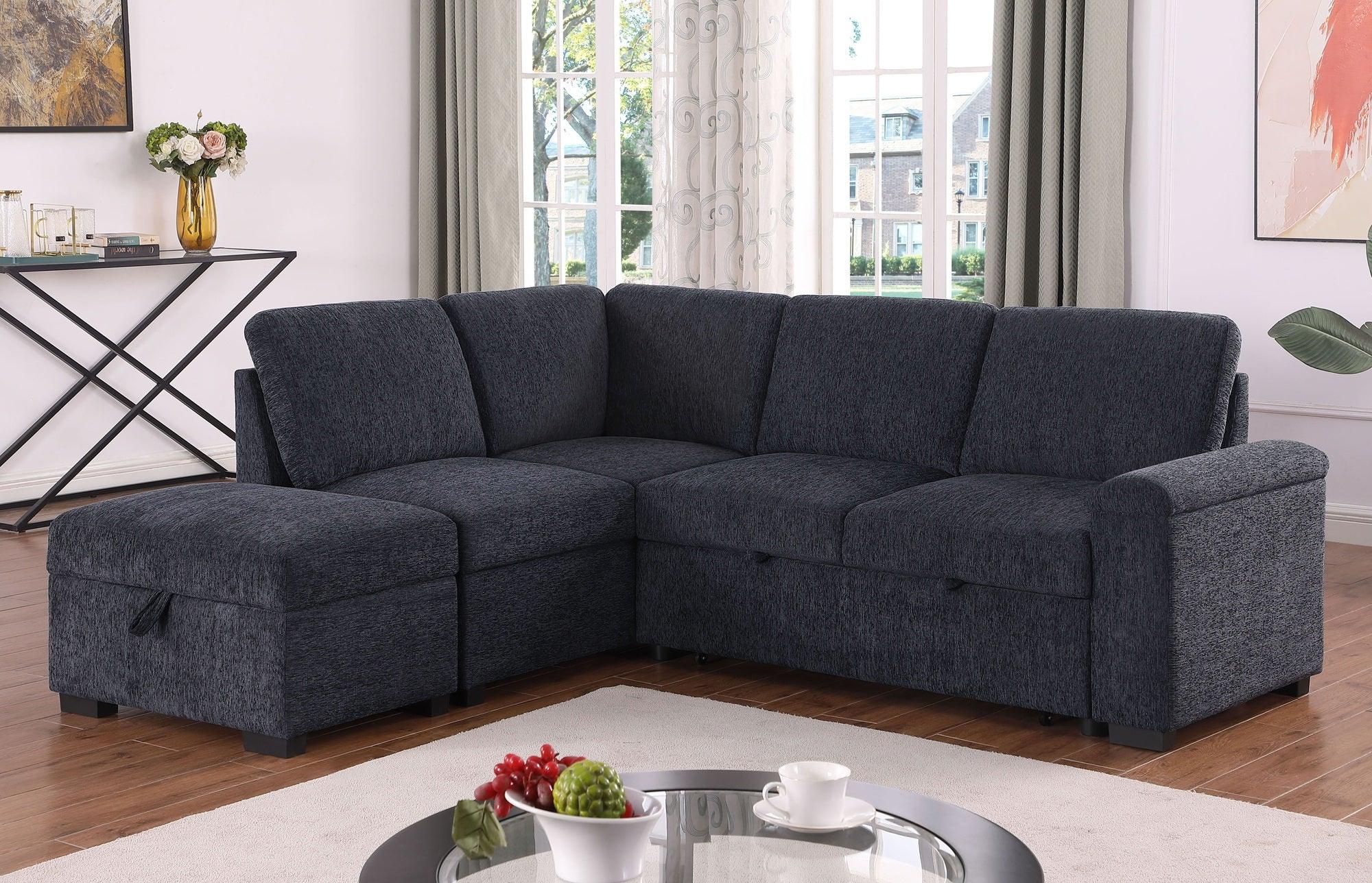 Modern dark grey fabric sectional sofa with chaise in a bright living room