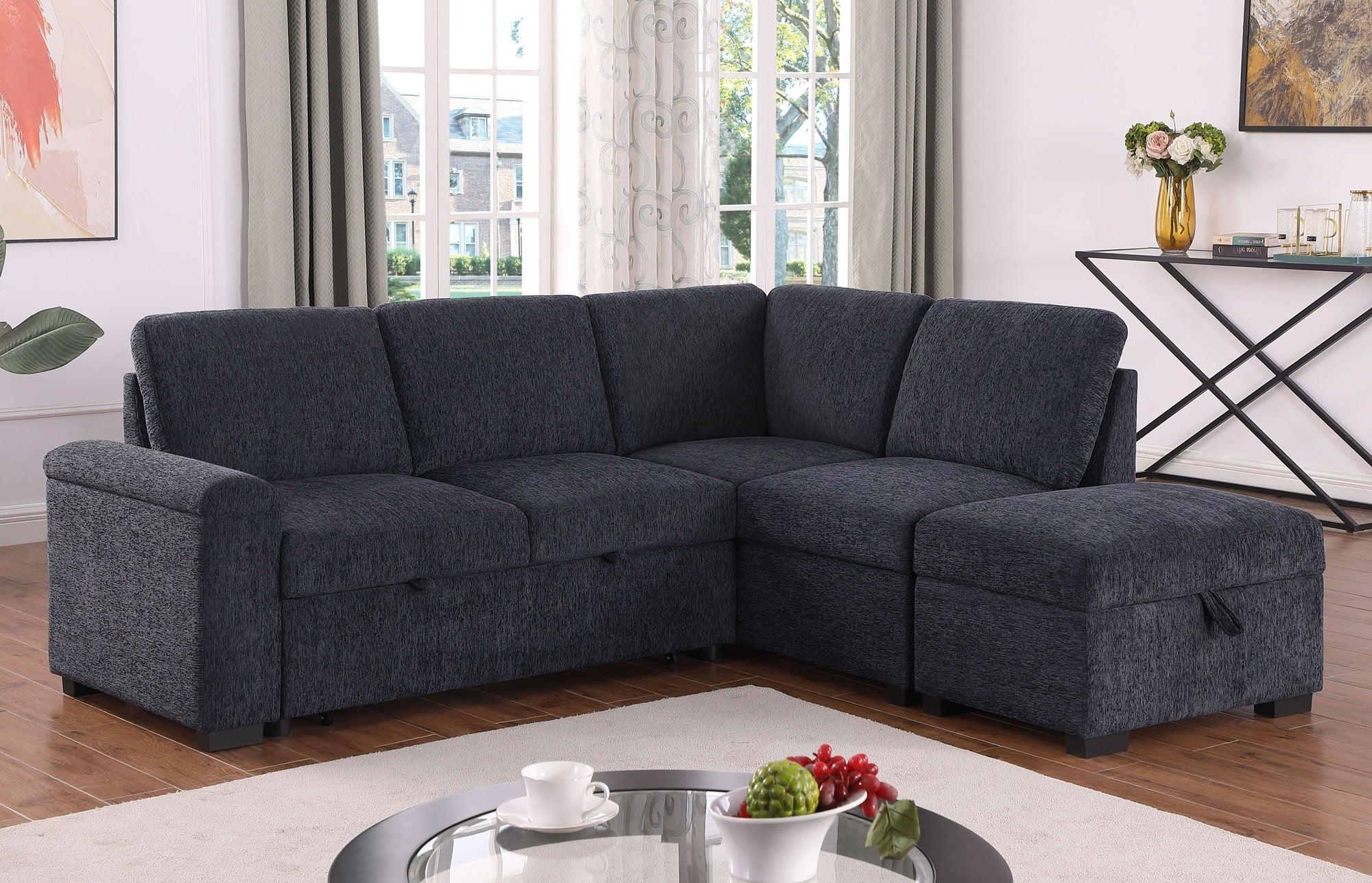 Modern dark grey fabric corner sectional sofa in a bright living room setting