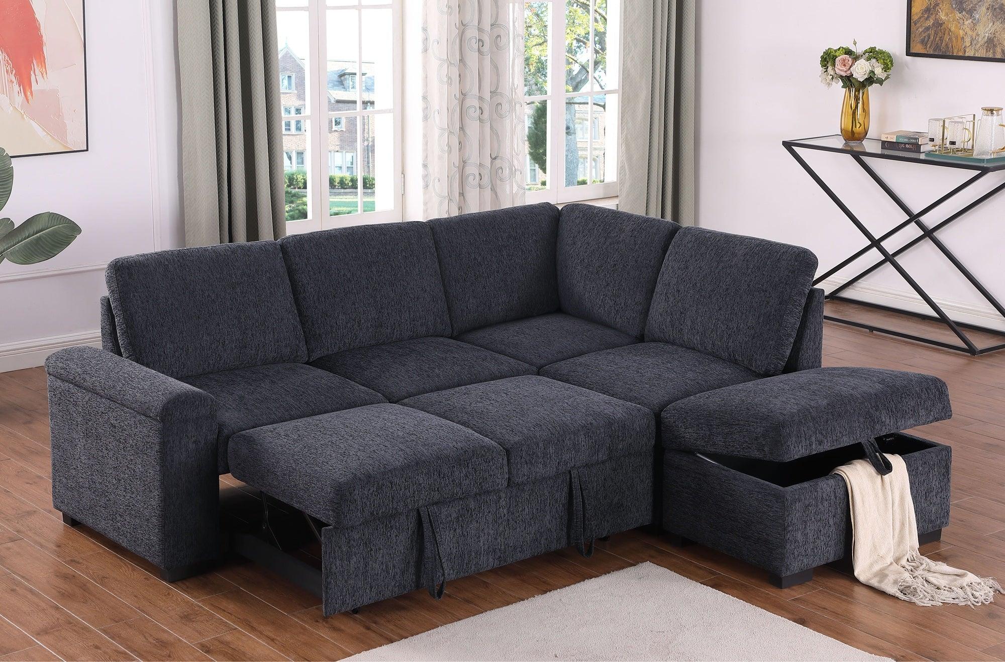 Dark grey fabric corner sofa bed with storage chaise in modern living room
