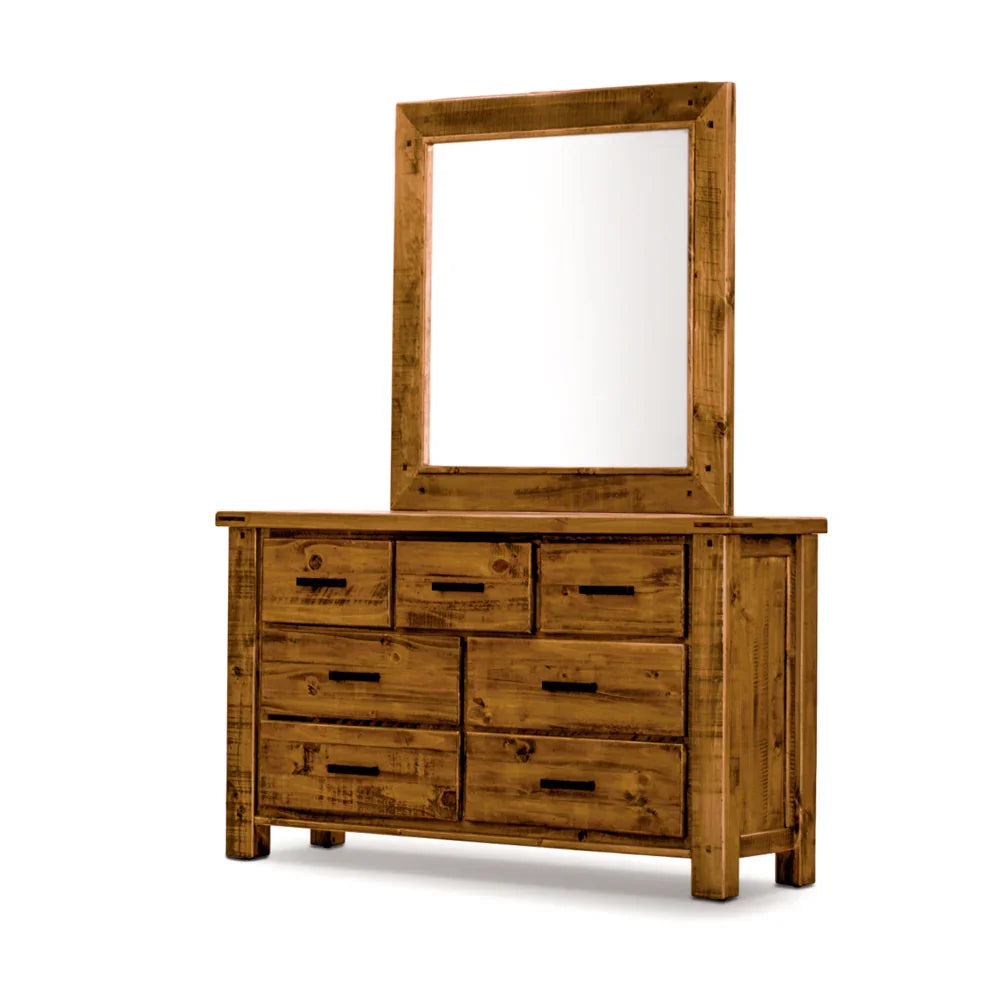 Rustic wooden dresser with eight drawers and a large framed mirror, bedroom furniture