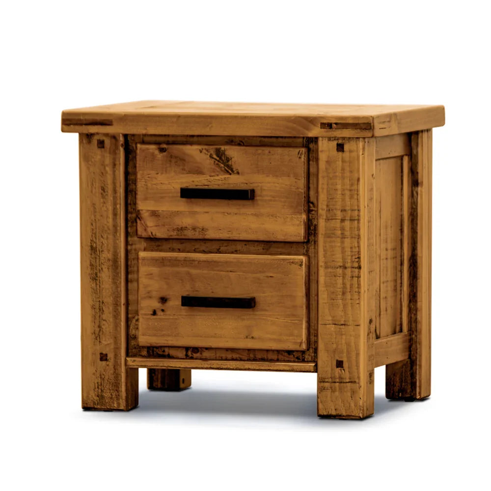 Rustic wooden bedside table with two drawers and black handles