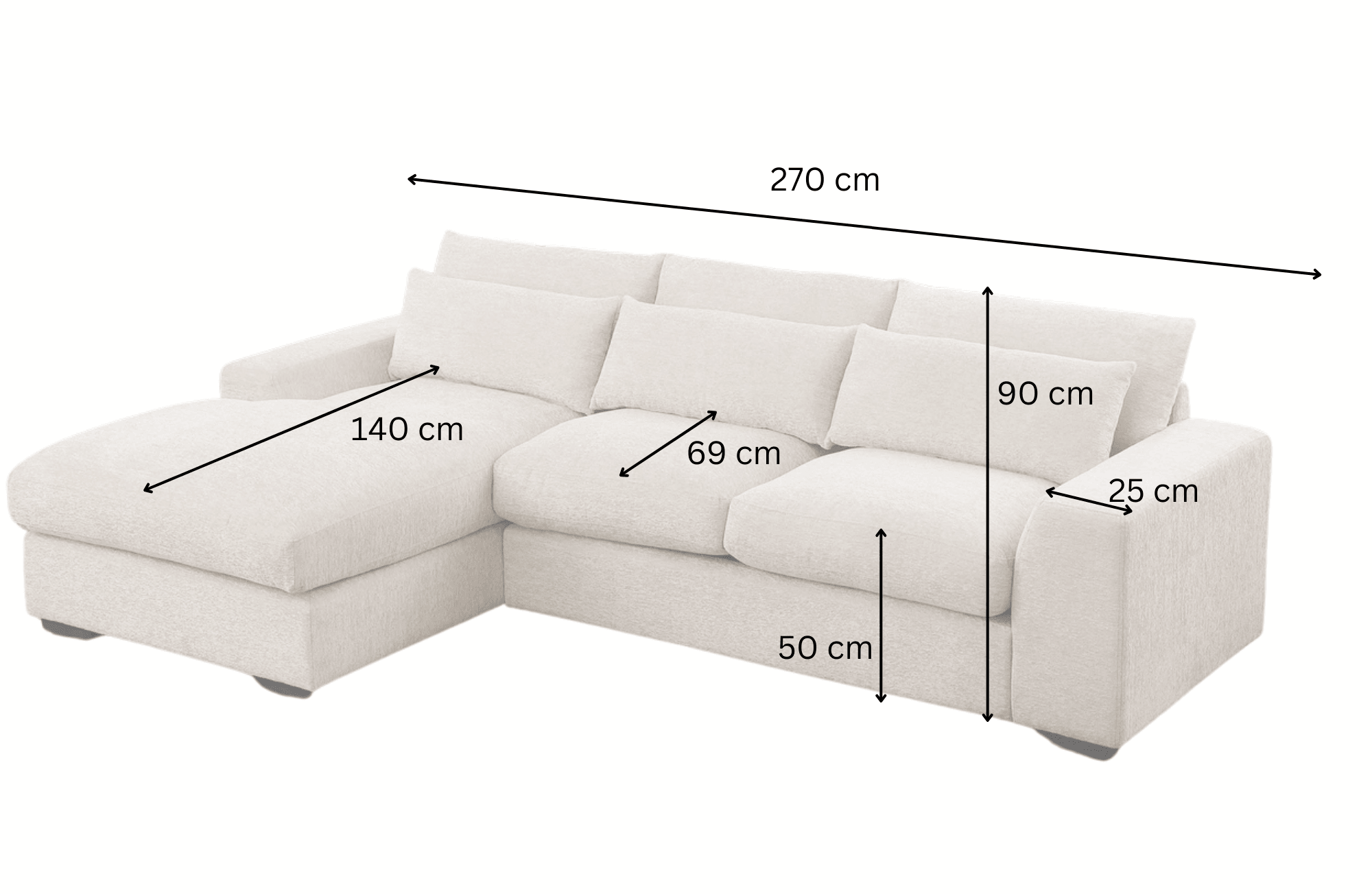 Light beige chaise lounge sofa with labeled dimensions: 270cm wide, 140cm chaise, 69cm seat, 90cm height, 50cm seat height, 25cm armrest.