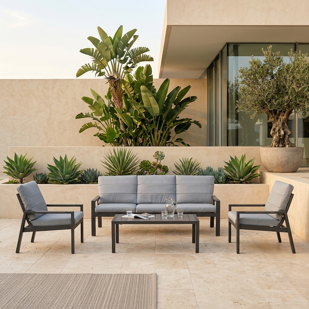 Outdoor patio set with gray cushions on a modern patio with plants and a building in the background.