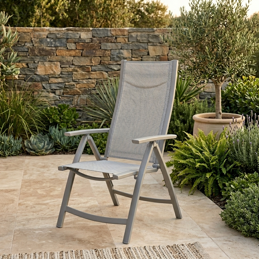Gray outdoor chair on a patio with a stone wall and plants in the background