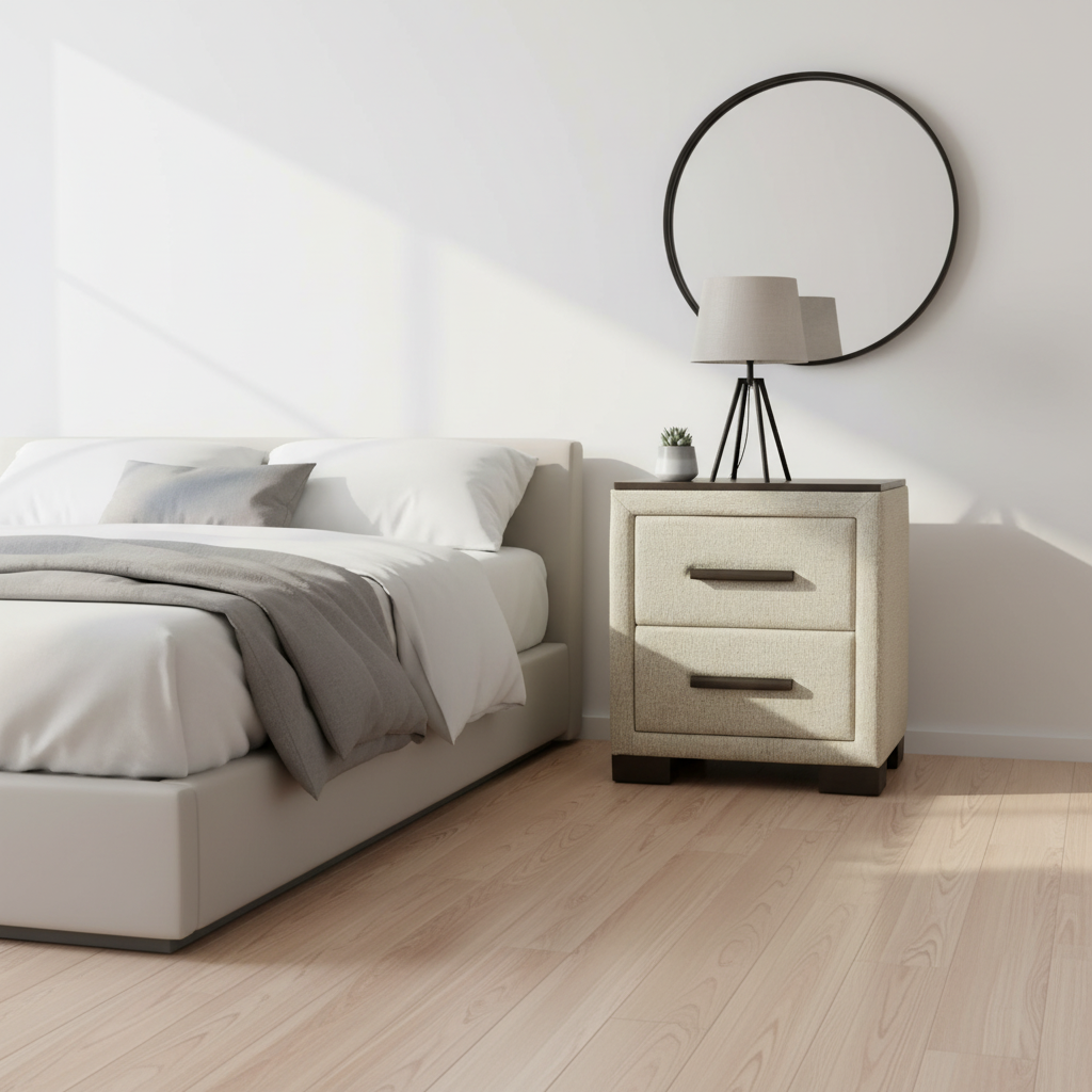 Modern bedroom with a bed and nightstand featuring a lamp.