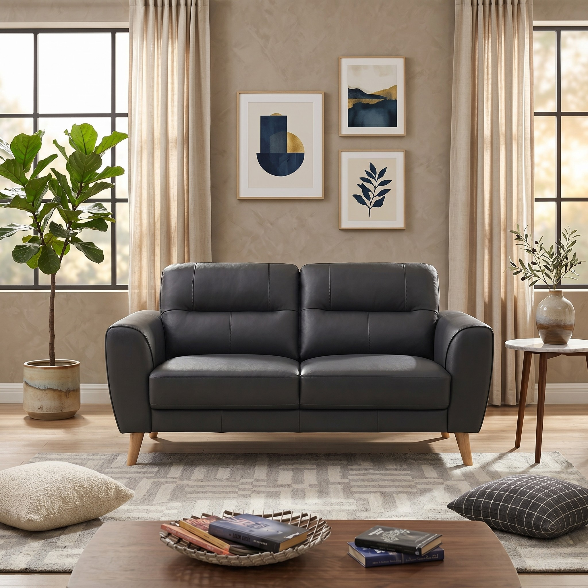 Pearl 2 Seater Leather Lounge in dark grey with wooden legs placed in a modern living room featuring neutral curtains, framed abstract artwork, a plant in a pot, and a coffee table with books and decor.