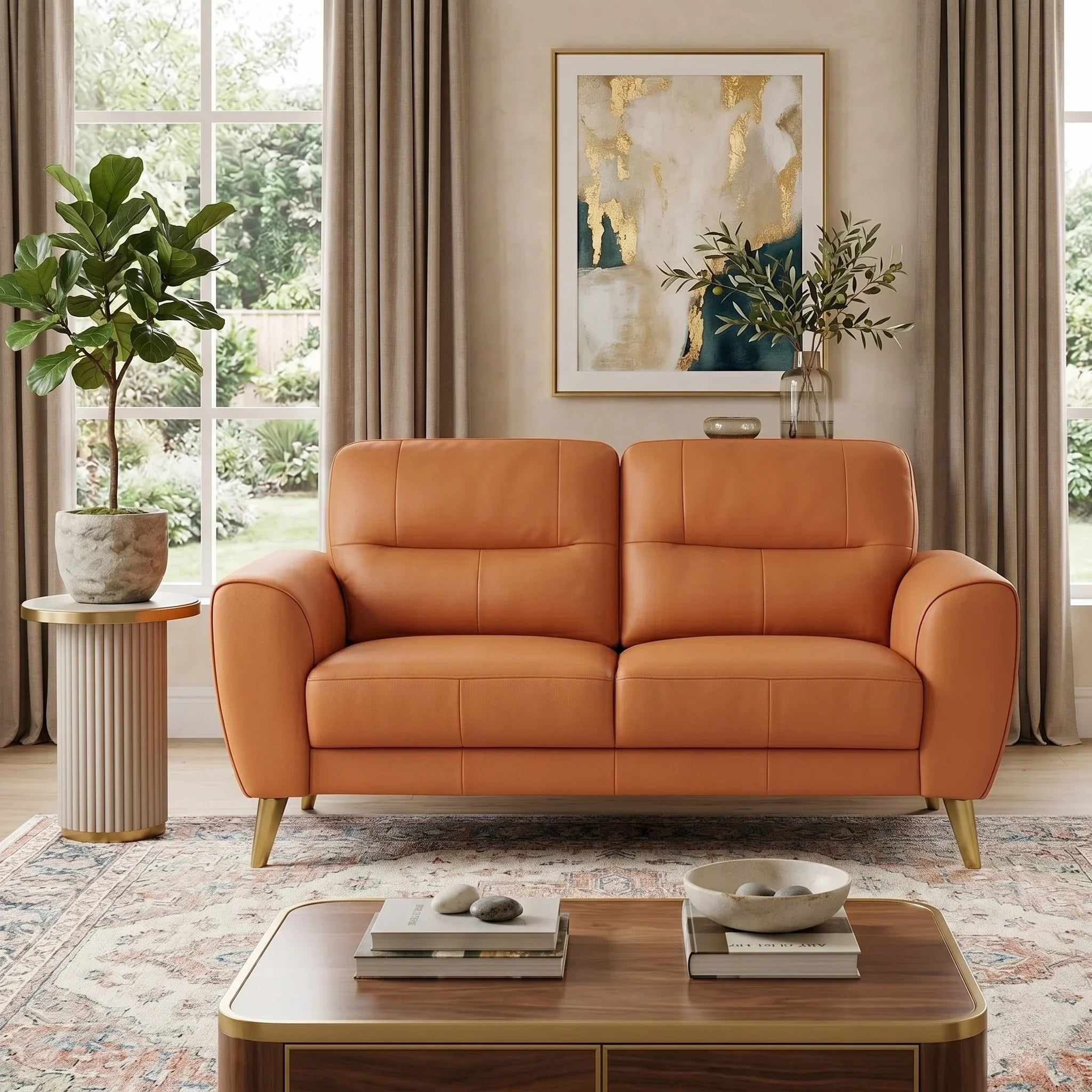 Pearl 2 Seater Leather Lounge in soft tan leather with cushioned seats and wooden legs, displayed in a cozy living room with natural light, plants, and a modern coffee table.