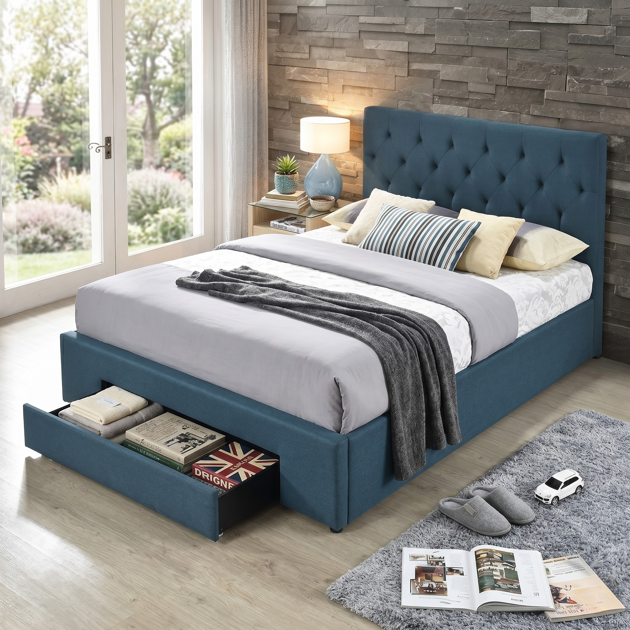 Blue upholstered bed with open drawer in a bedroom setting
