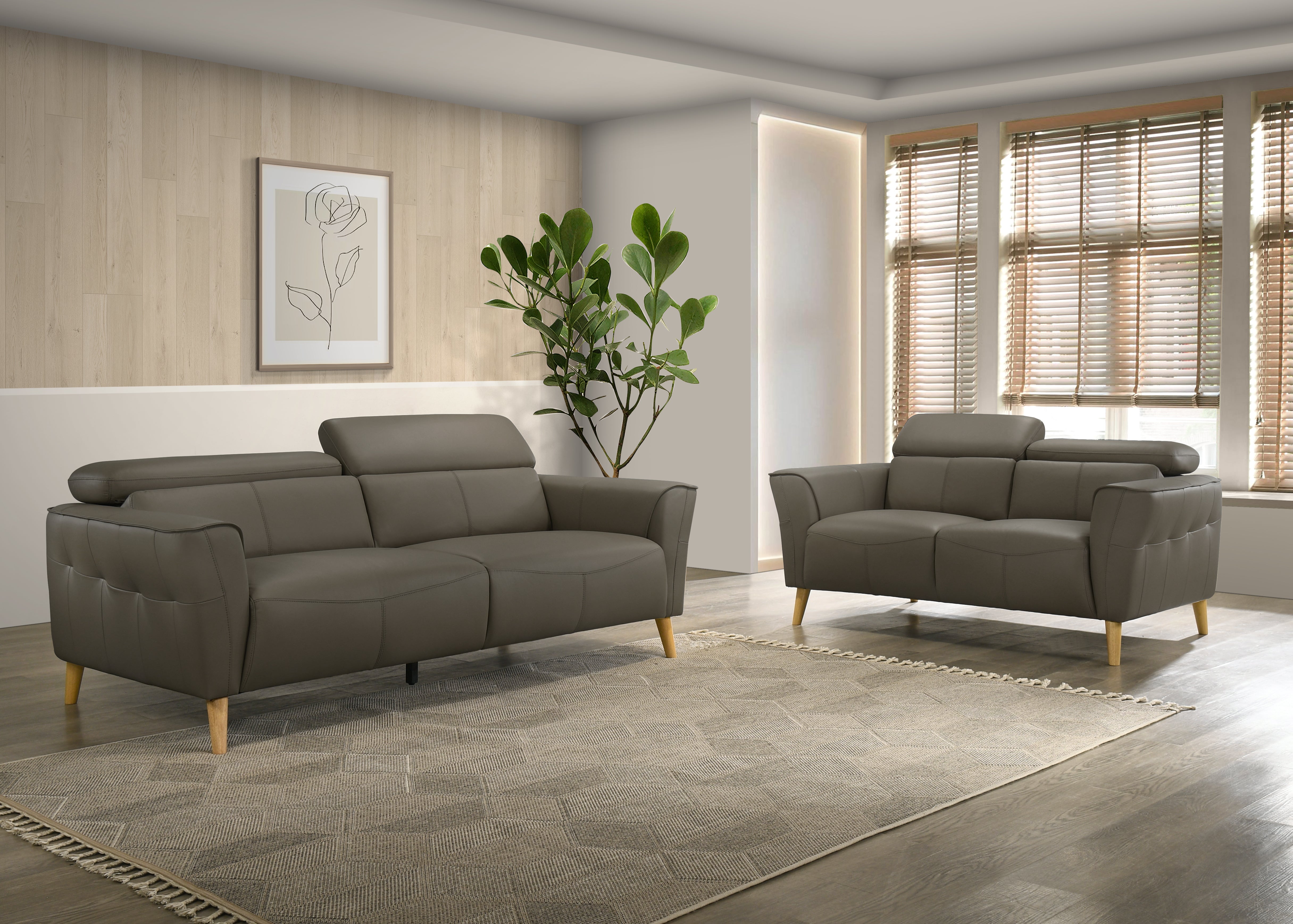 Gray sofa set in a modern living room with a plant and framed artwork.