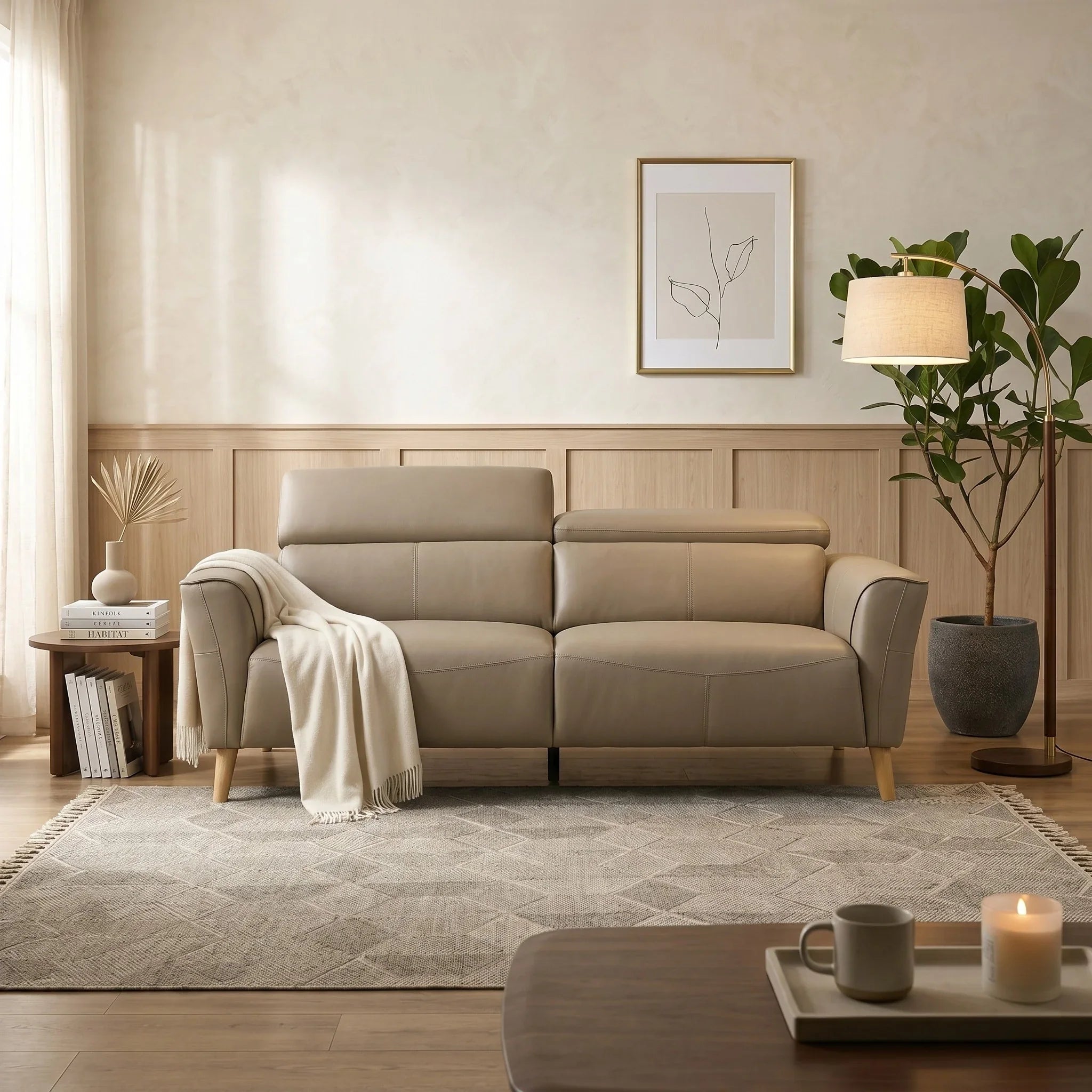 Penelope 3 Seater Leather Lounge in a light beige shade with modern design, wooden legs, and adjustable headrests, styled in a cozy living room with soft lighting and neutral decor.