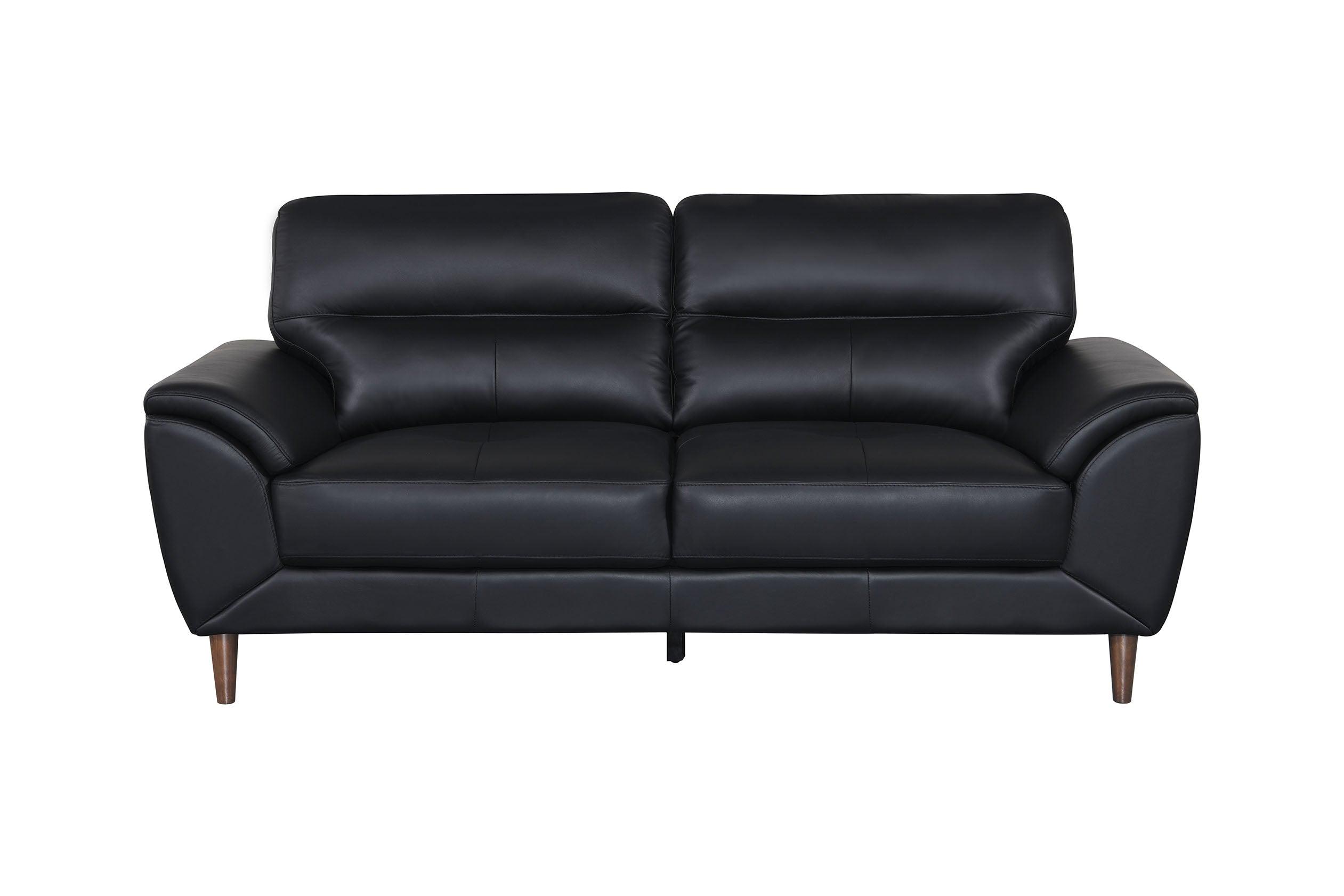 Modern black leather three seater sofa with wide armrests and wooden legs