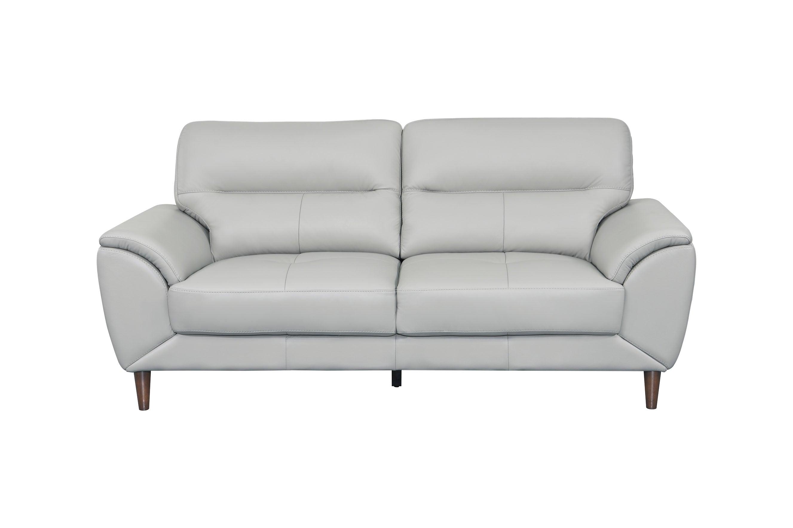 Modern silver 3 seater sofa with plush cushions and wooden legs, contemporary lounge furniture