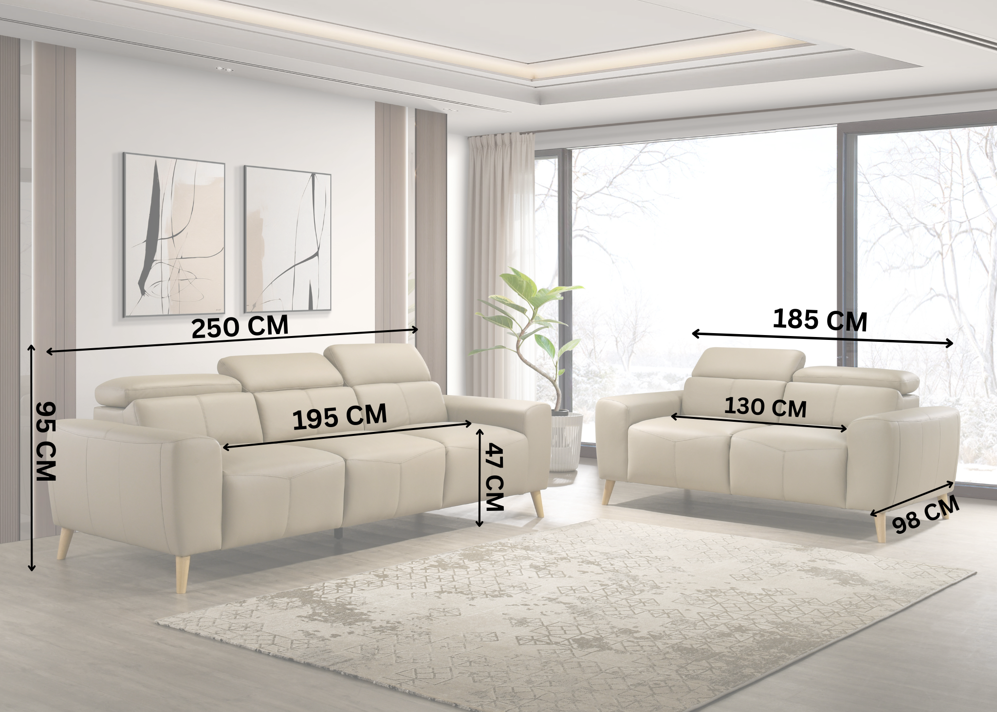 Beige leather sectional sofa with dimensions marked in a modern living room setting