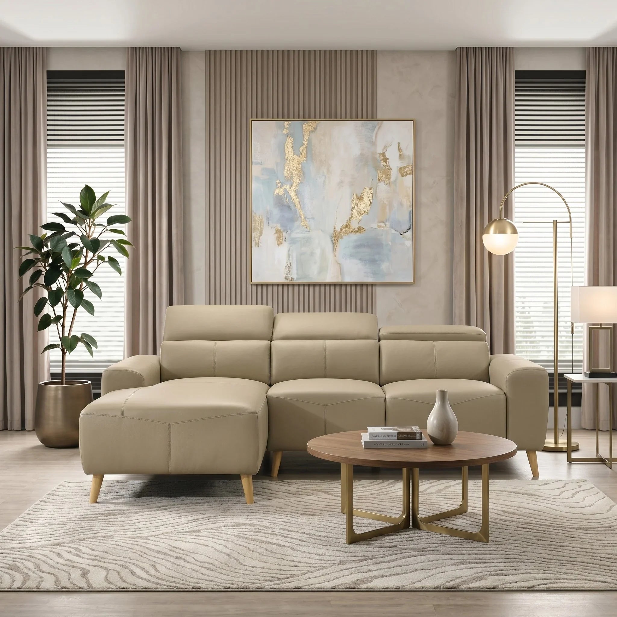 Percy 3 Seater Leather Lounge with Chaise in beige leather, set in a modern living room with neutral tones, featuring a round wooden coffee table and contemporary decor.