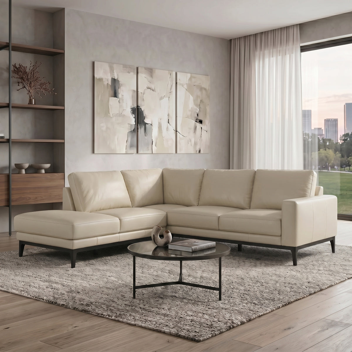 Plenty Leather Chaise Lounge in Light Grey leather styled in a modern living room, right-hand chaise when sitting.