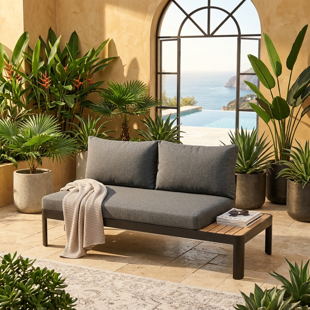 Gray outdoor sofa with wooden table surrounded by potted plants in a sunlit patio area.