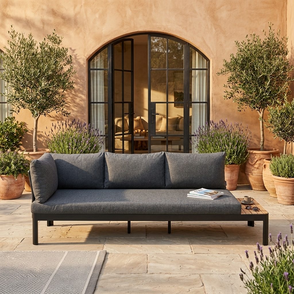 Gray outdoor sofa with a magazine on a stone patio, surrounded by potted plants and a building in the background.