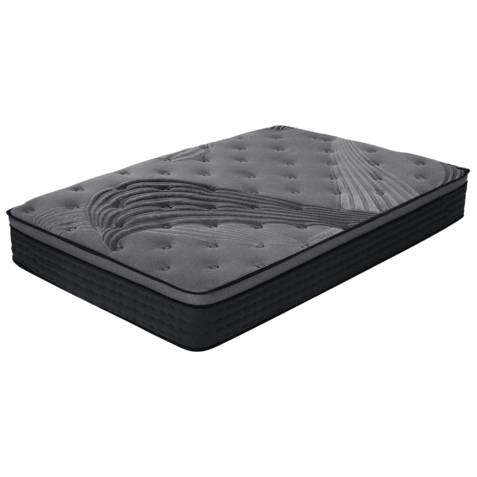 Modern grey mattress with textured, tufted surface and wave pattern design