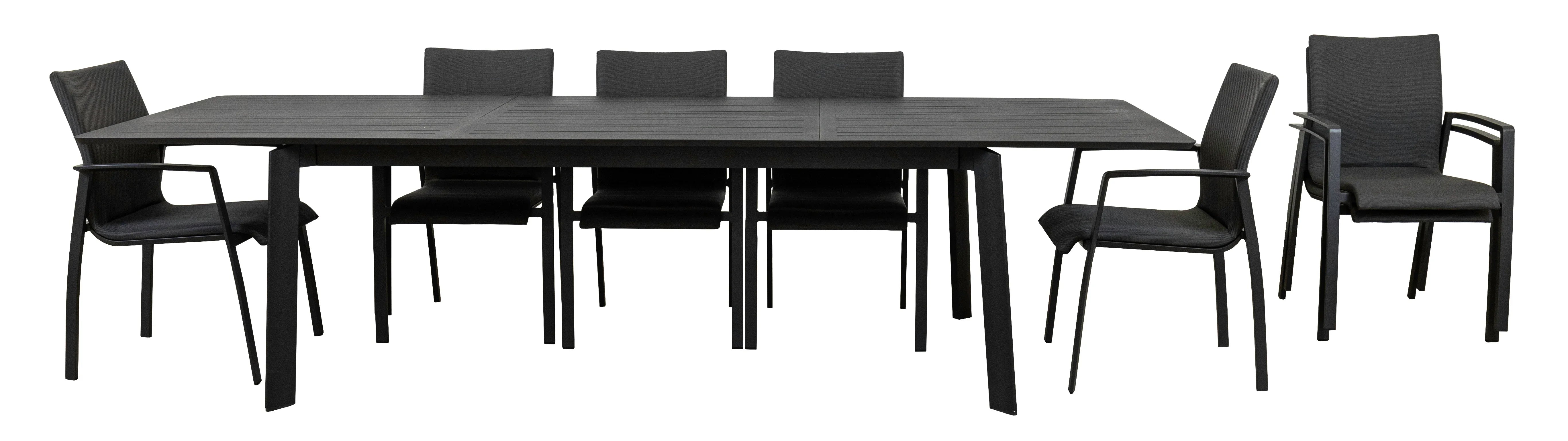 11 piece charcoal outdoor dining set with large rectangular table and cushioned chairs