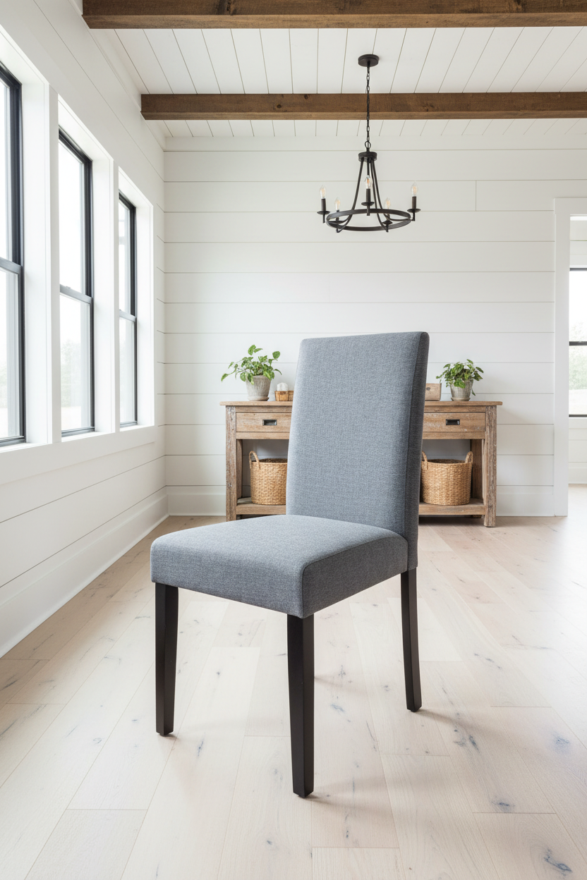 Gray chair in a room with wooden floors and white walls.
