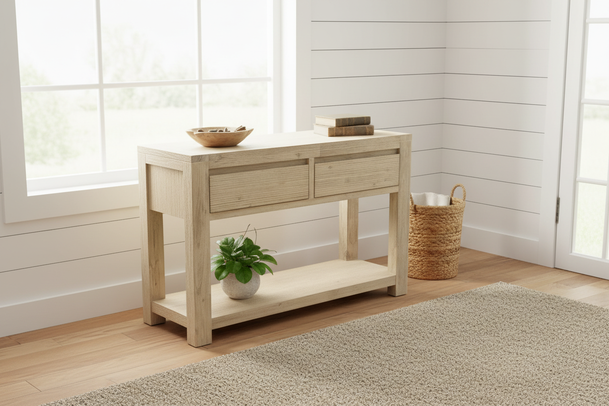 Light wooden console table with decorative items in a room with white walls and a rug.