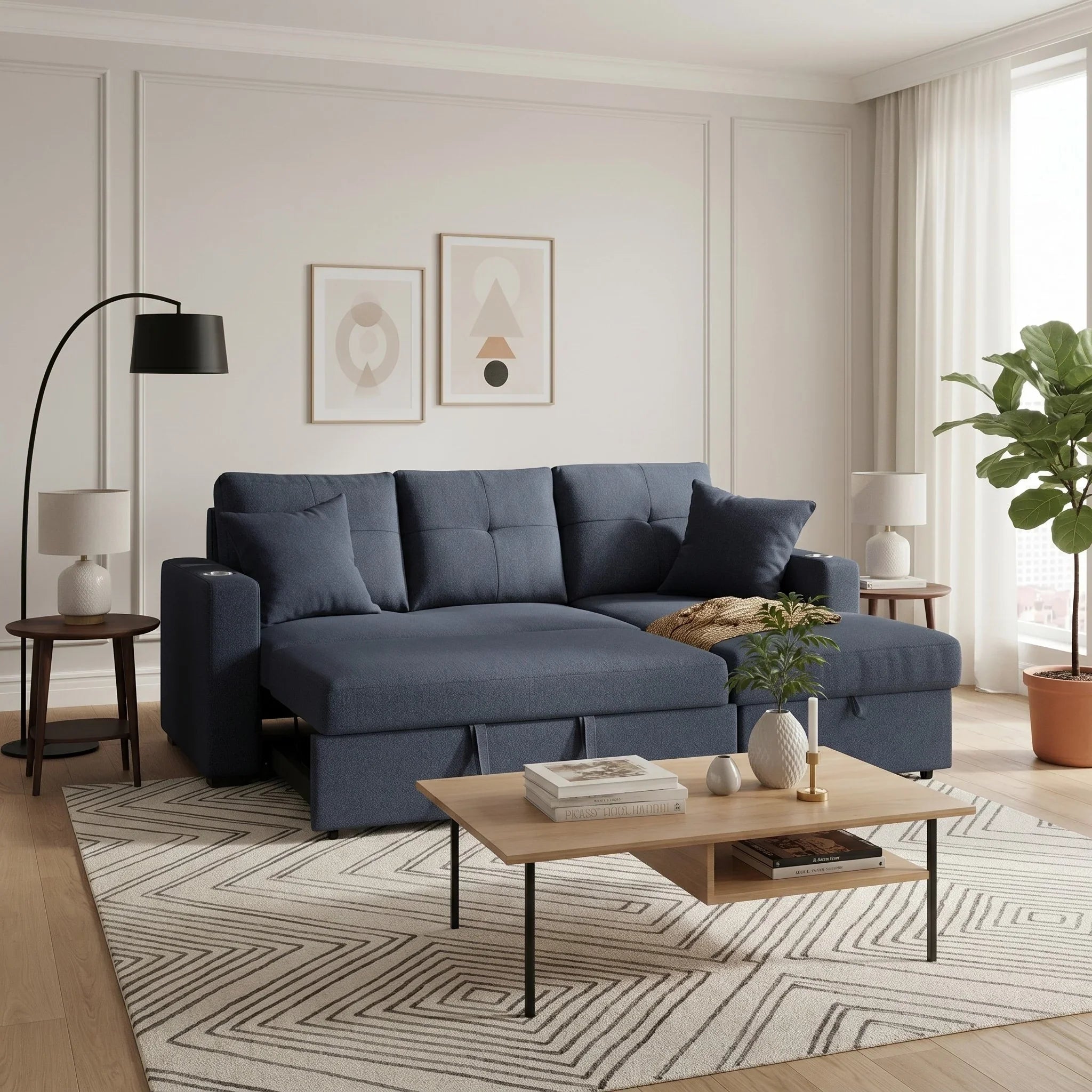 Samson navy blue three-seater recliner sofa in a modern living room setting with wooden coffee table, side tables, floor lamp, abstract wall art, and large window with curtains.