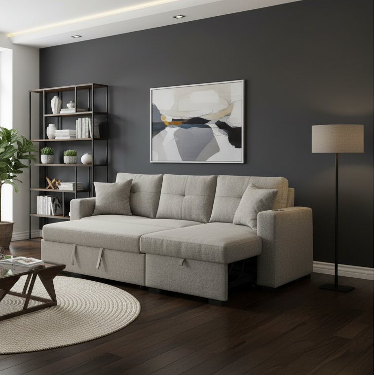 Modern living room with gray sofa, coffee table, and bookshelf.