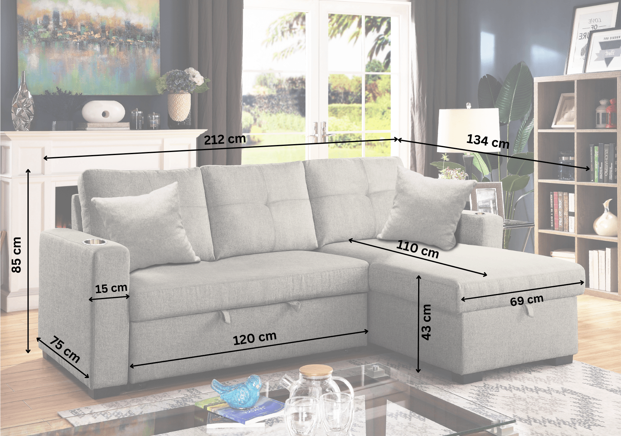Grey L-shaped sectional sofa with storage, cup holder, and detailed dimensions in living room.