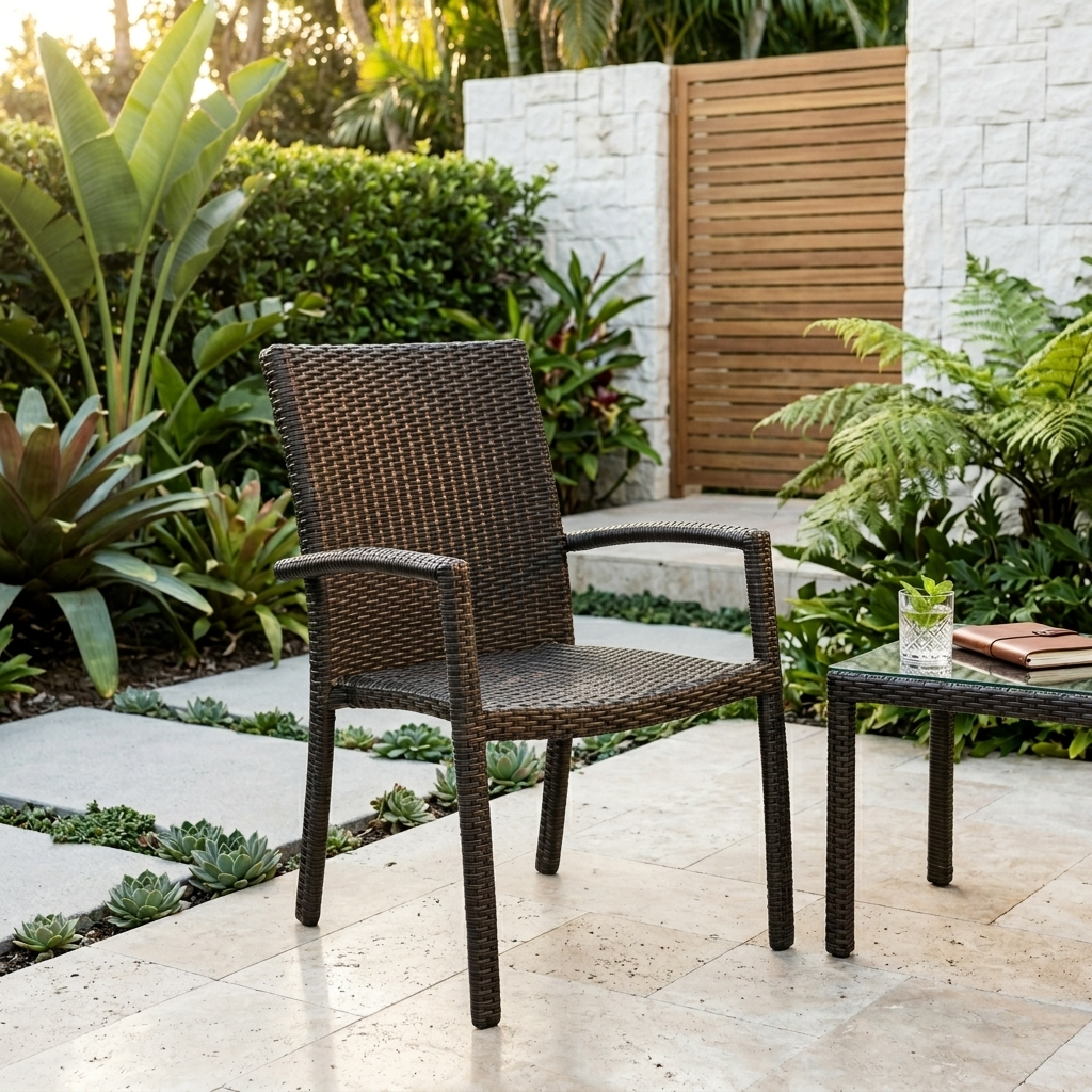 Brown wicker chair on a patio with plants and a table in the background