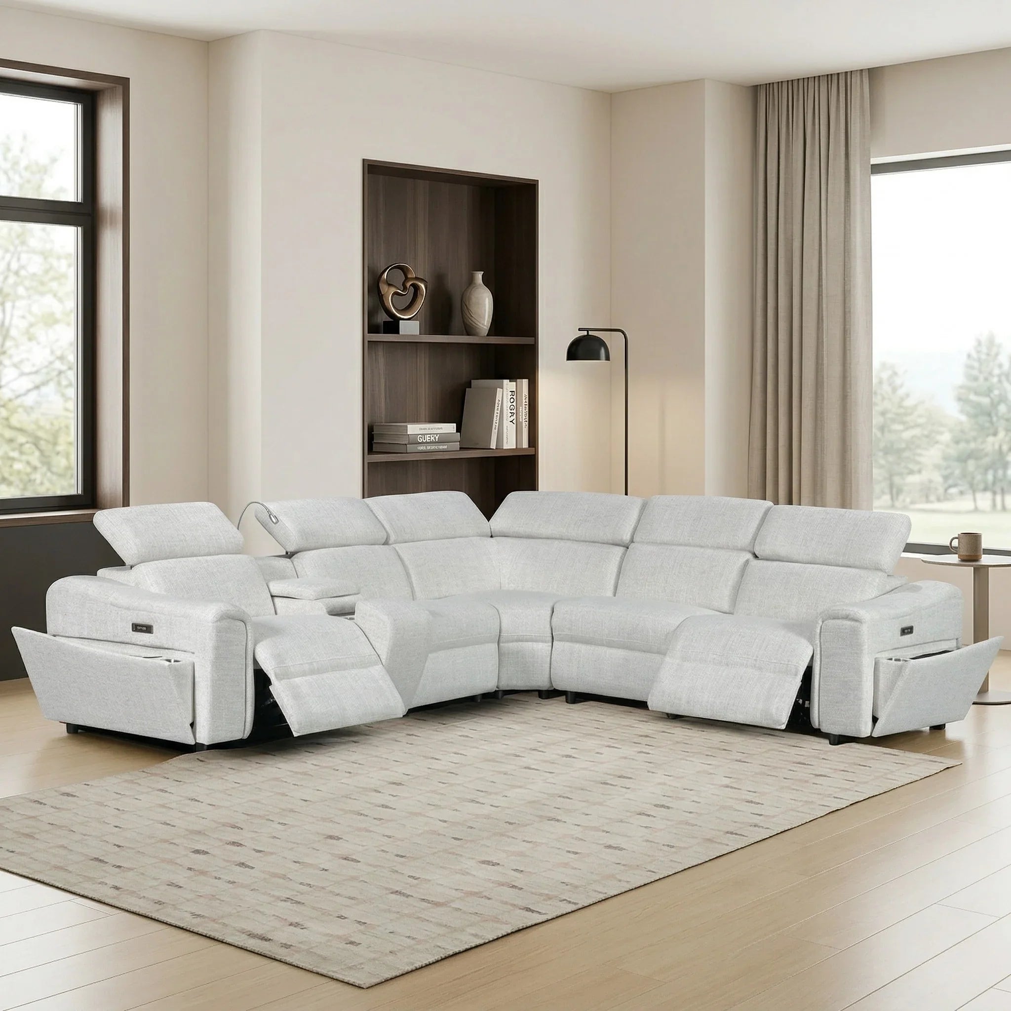 Sandgate Electric Corner Recliner Lounge in light gray fabric with adjustable headrests and footrests, styled in a modern living room with natural light and neutral decor.