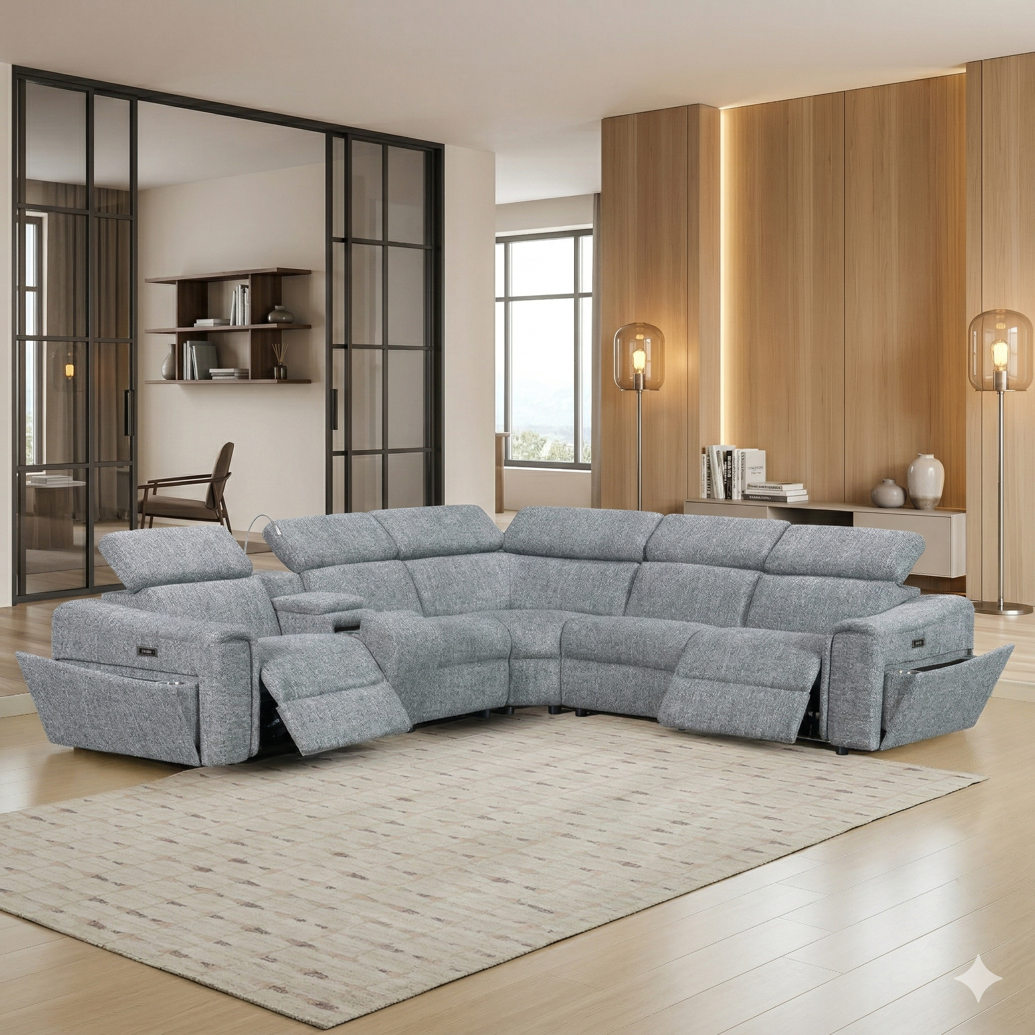 Gray sectional sofa in a modern living room with wooden walls and a rug.