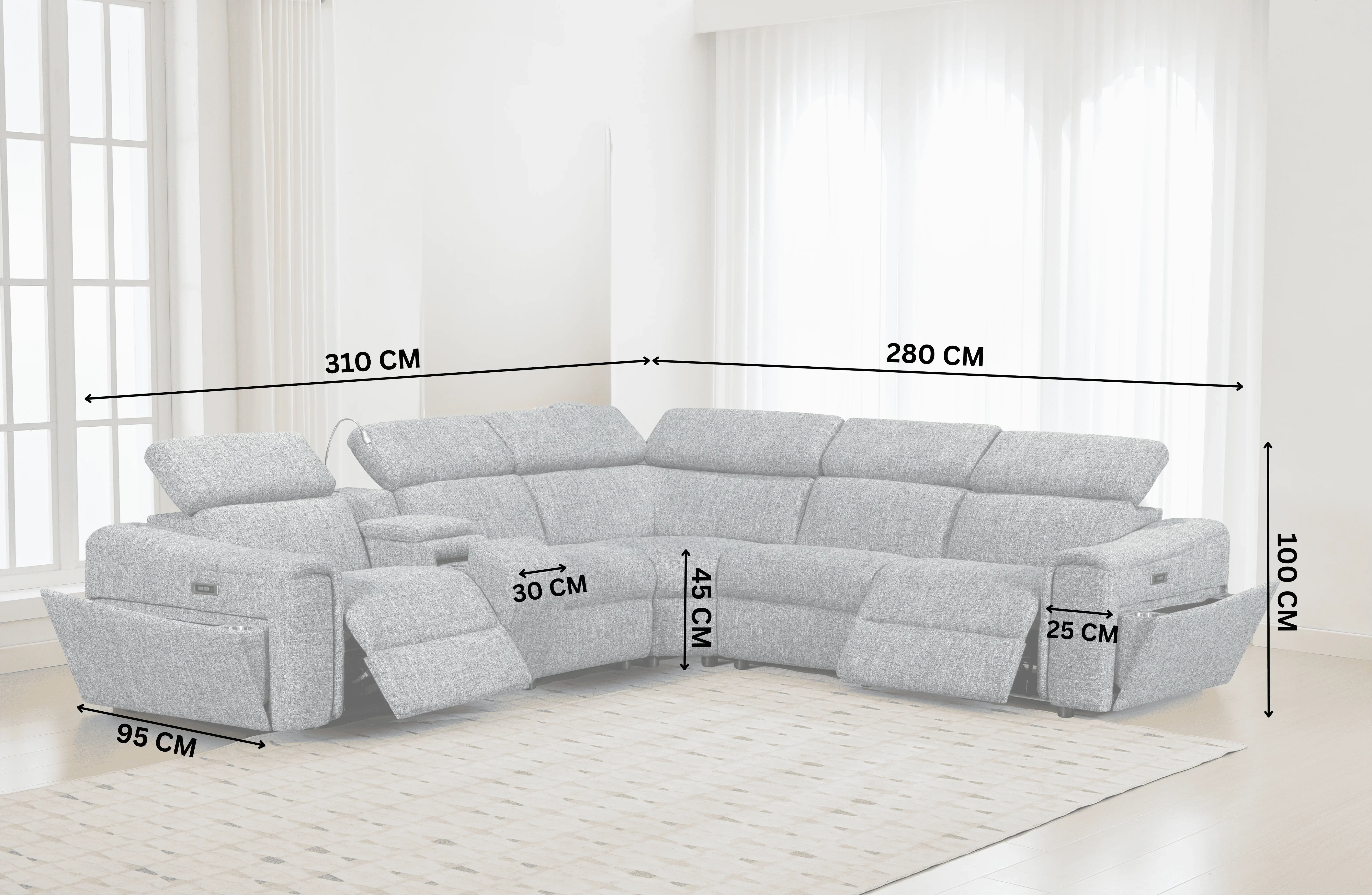 Grey sectional sofa with dimensions marked on a white background