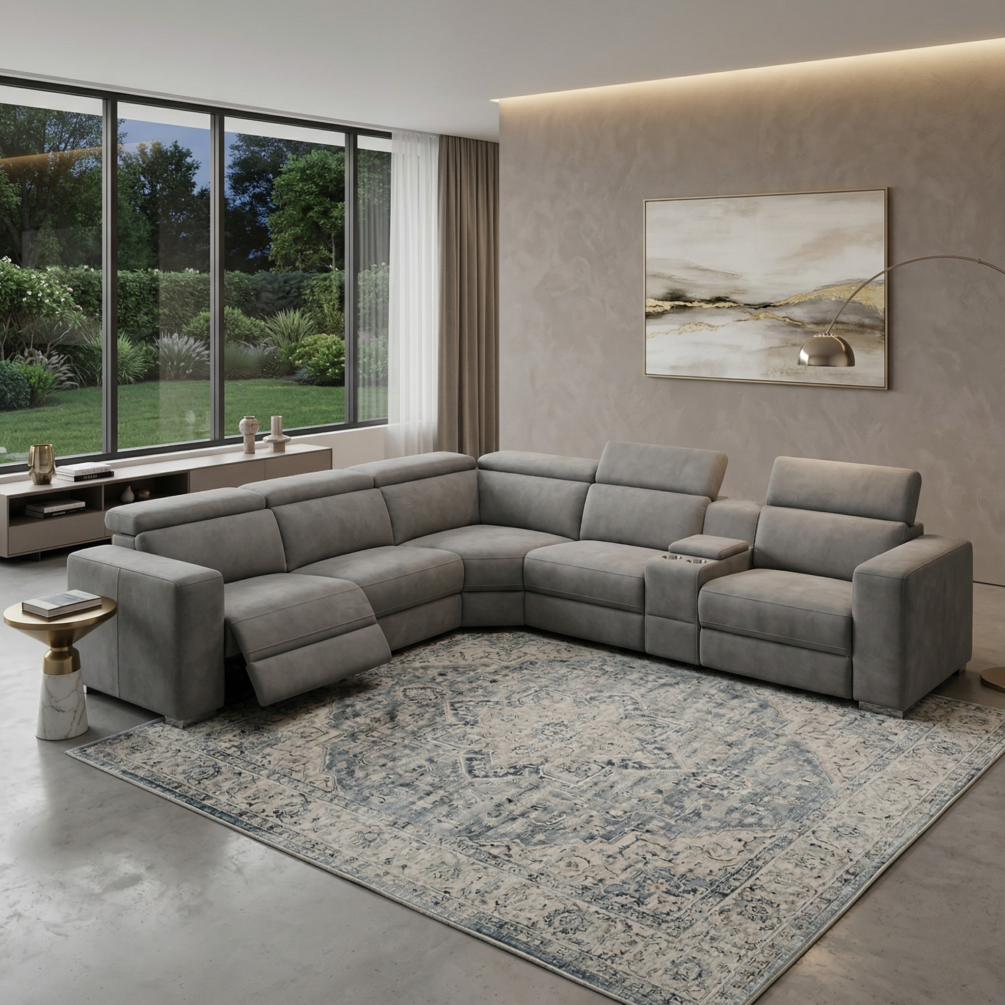 Modern living room featuring a stylish Sandringham Corner Recliner Lounge in grey upholstery with adjustable recliner sections, a decorative rug, and large windows showcasing greenery outside.