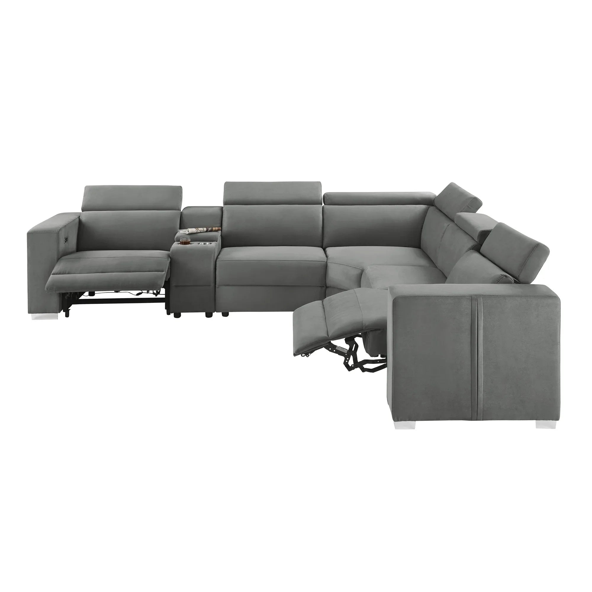 Gray sectional sofa with reclining features on a white background